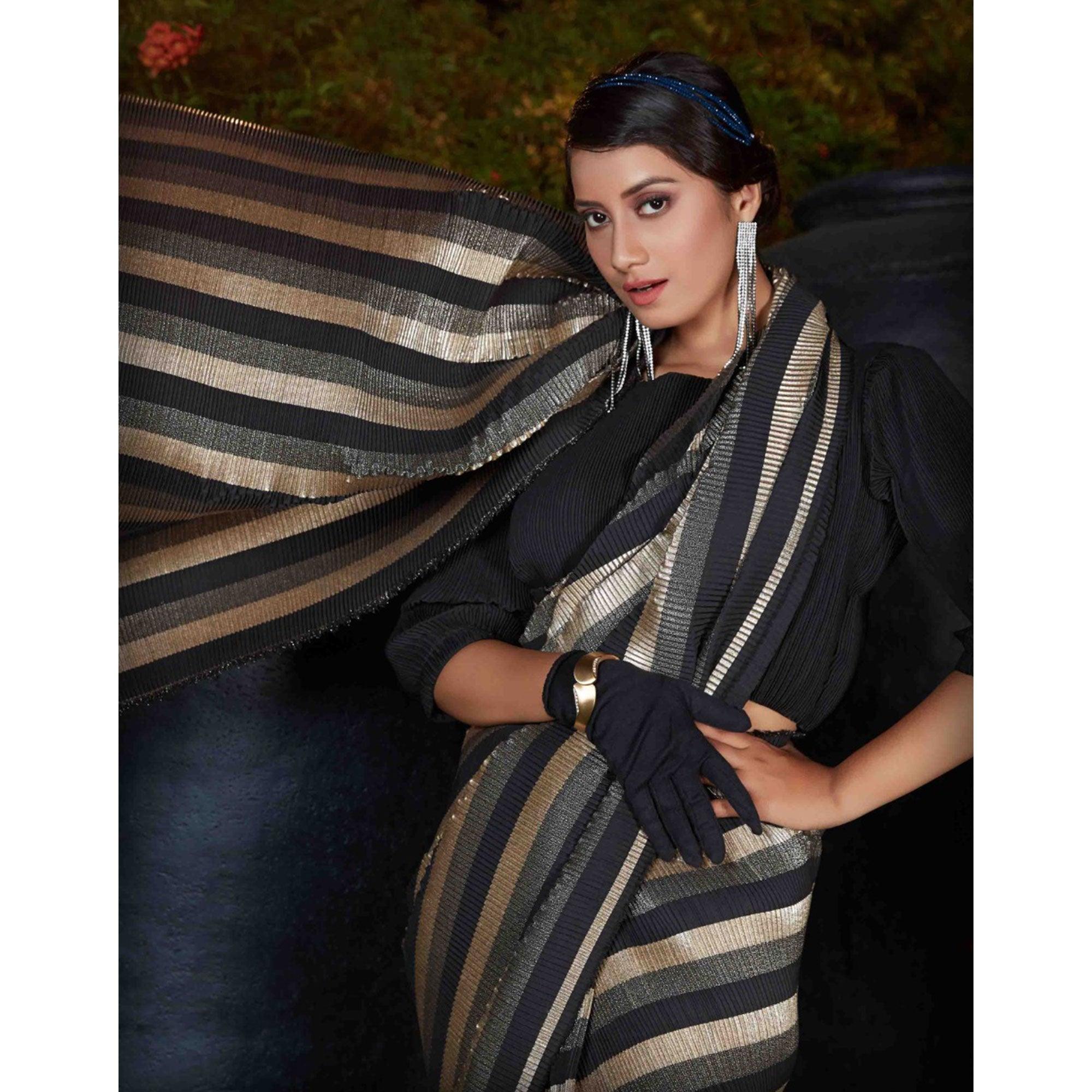 Graceful Black Colored Party Wear Foil Print With Plitting Half- Half Silk Saree - Peachmode