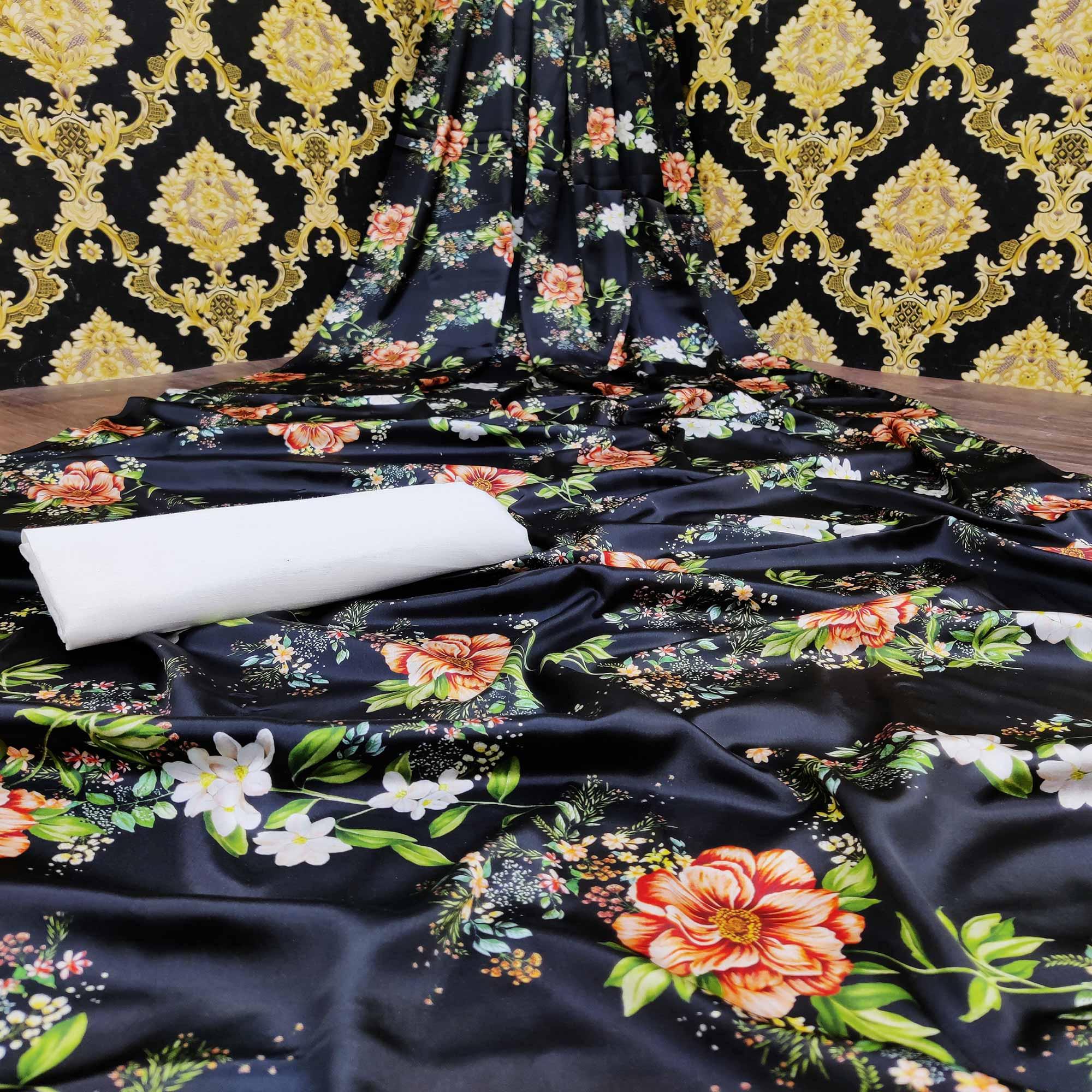 Graceful Black-White Colored Casual Wear Digital Floral Printed Satin Saree - Peachmode