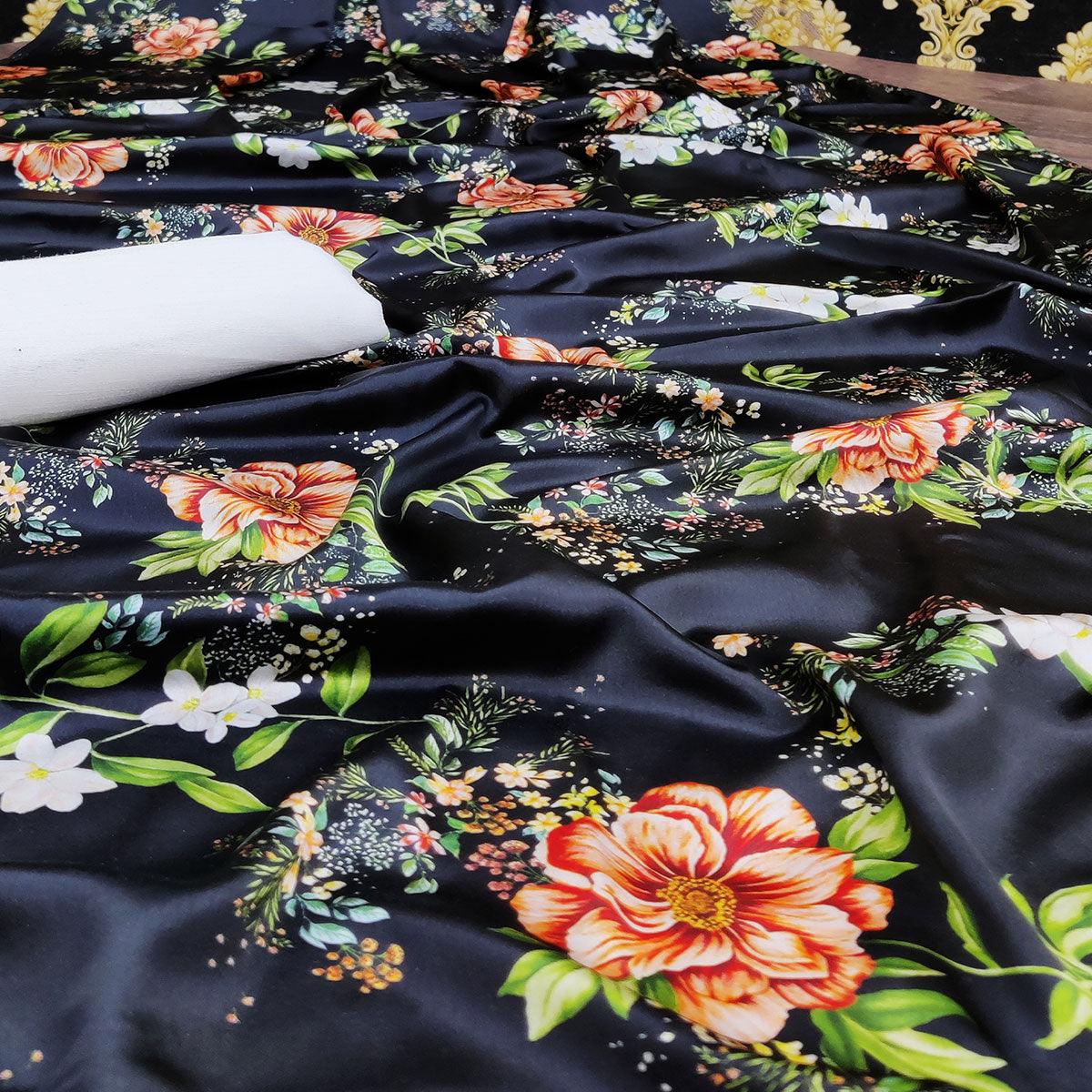 Graceful Black-White Colored Casual Wear Digital Floral Printed Satin Saree - Peachmode