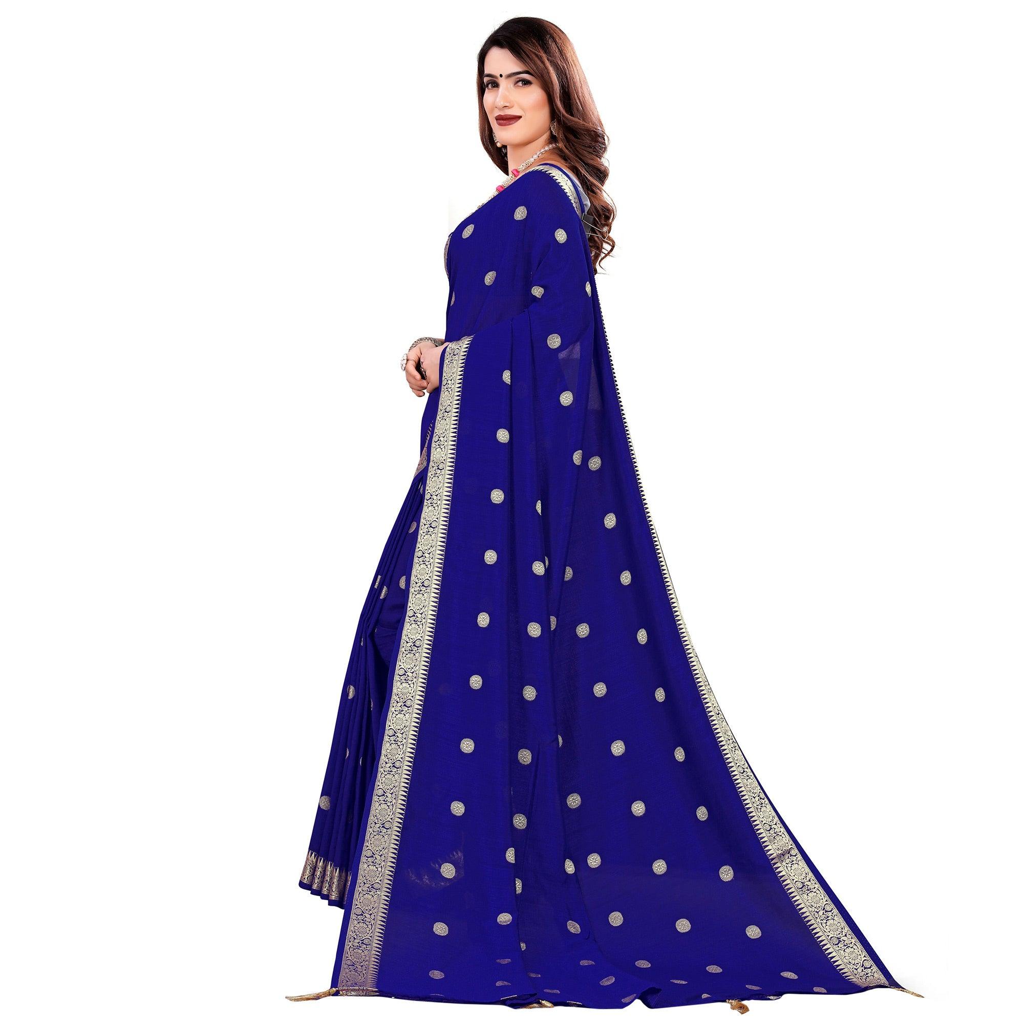 Graceful Blue Colored Casual Wear Embroidered Art Silk Saree With Tassels - Peachmode