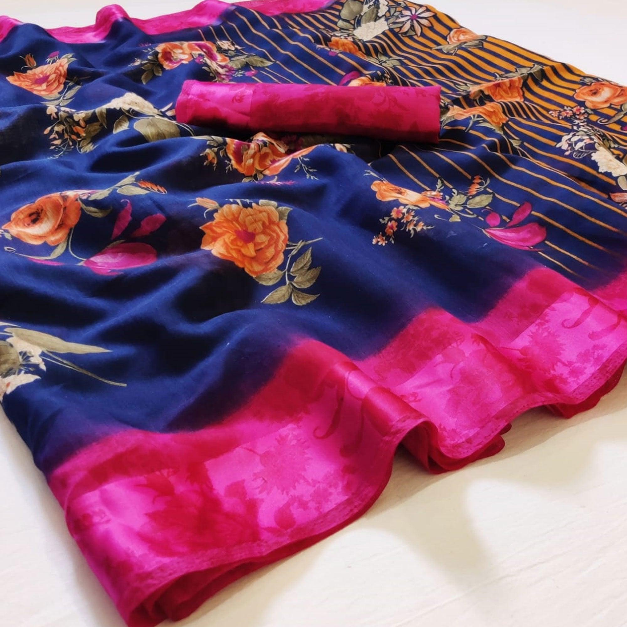 Graceful Blue Colored Casual Wear Floral Printed Linen Saree - Peachmode