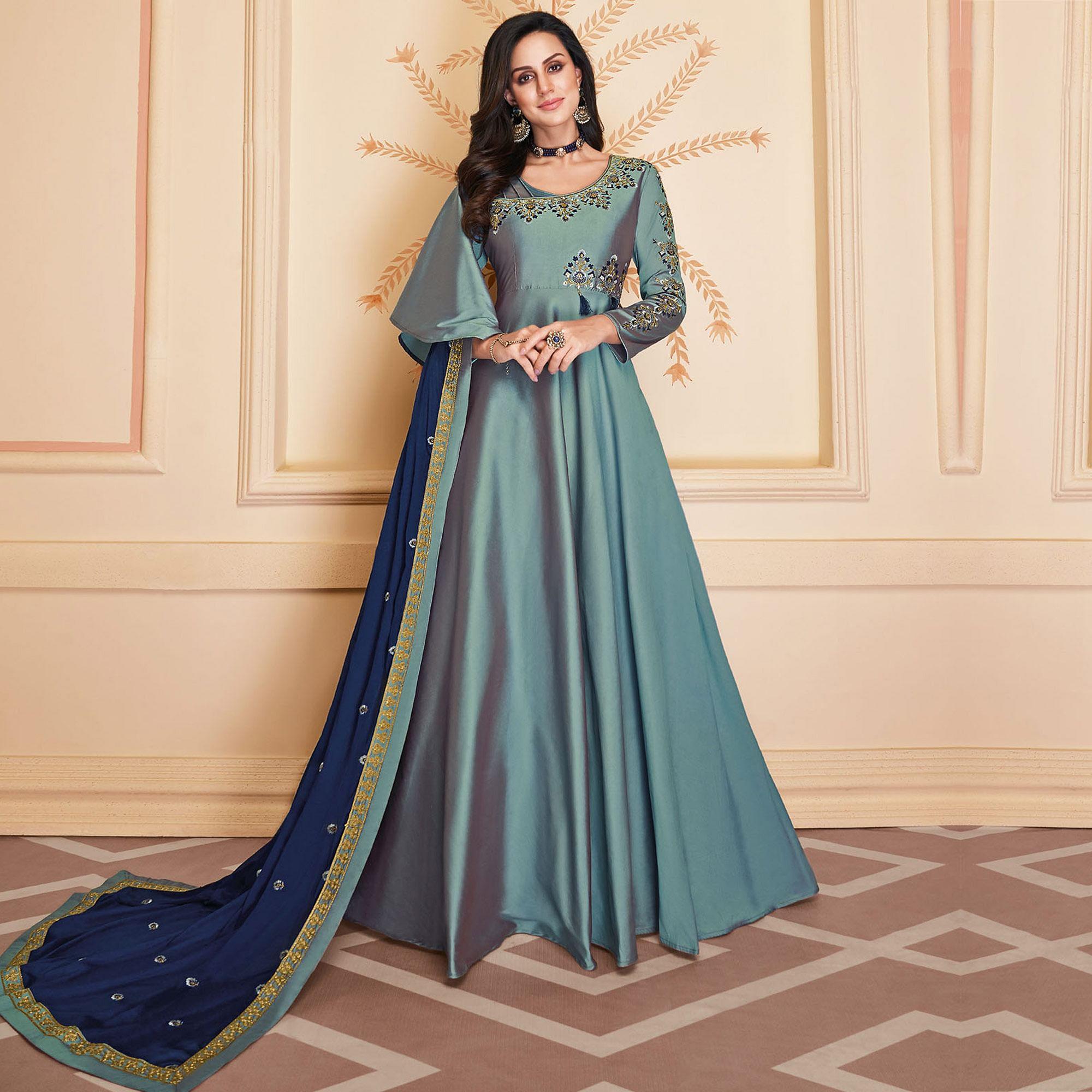 Graceful Blue Colored Embroidered Work Party Wear Heavy Soft Silk Gown - Peachmode