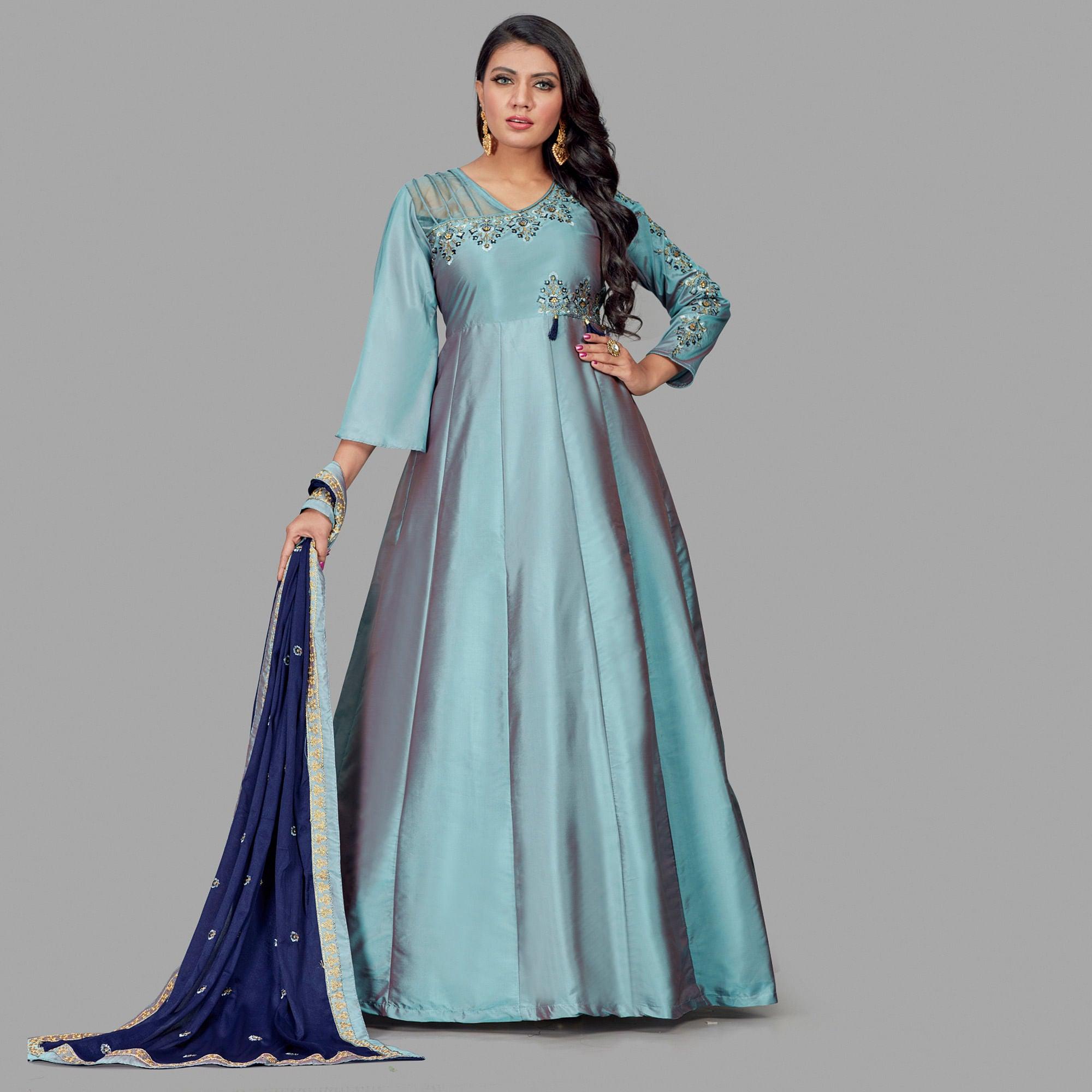 Graceful Blue Colored Embroidered Work Party Wear Heavy Soft Silk Gown - Peachmode