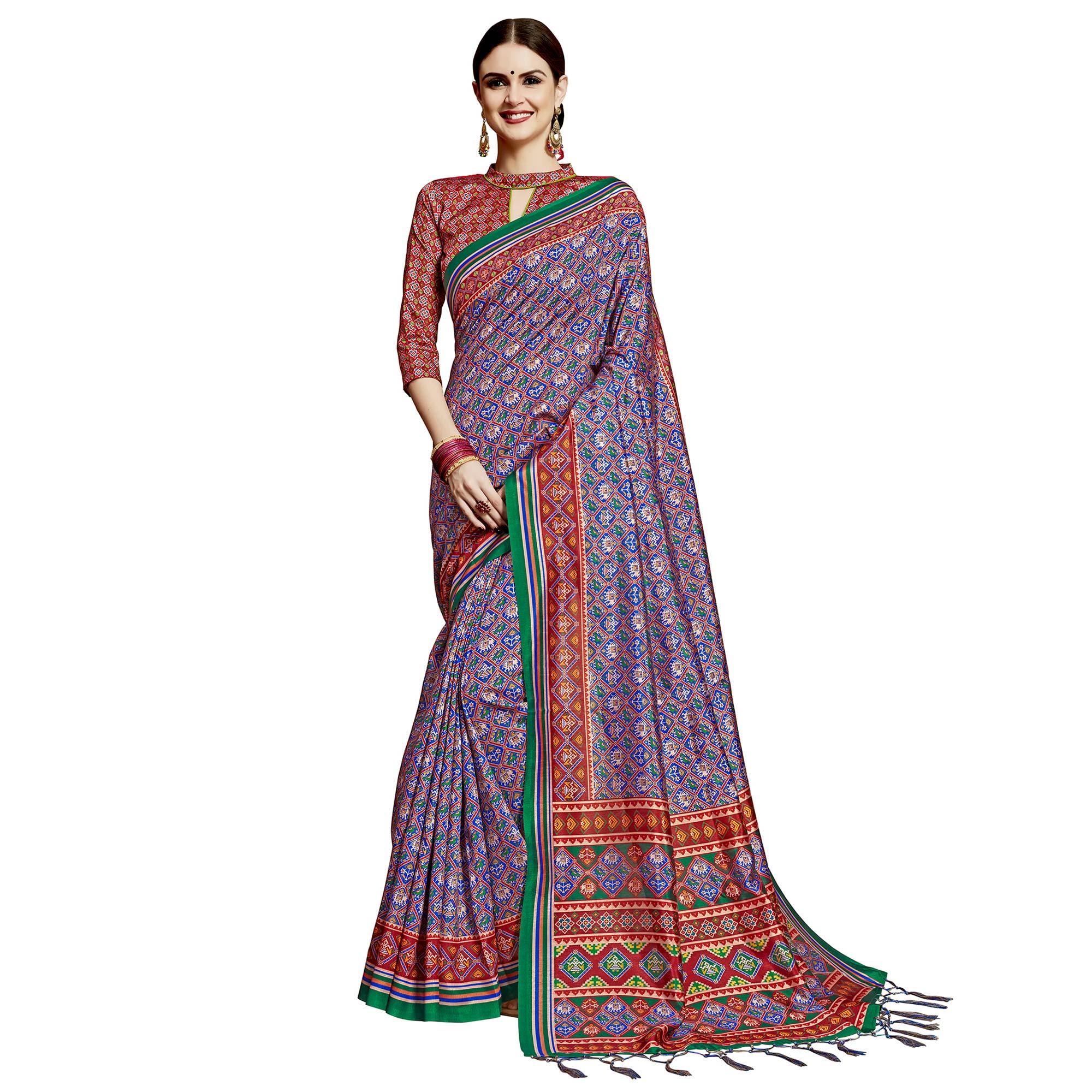 Graceful Blue Colored Festive Wear Printed Silk Saree - Peachmode