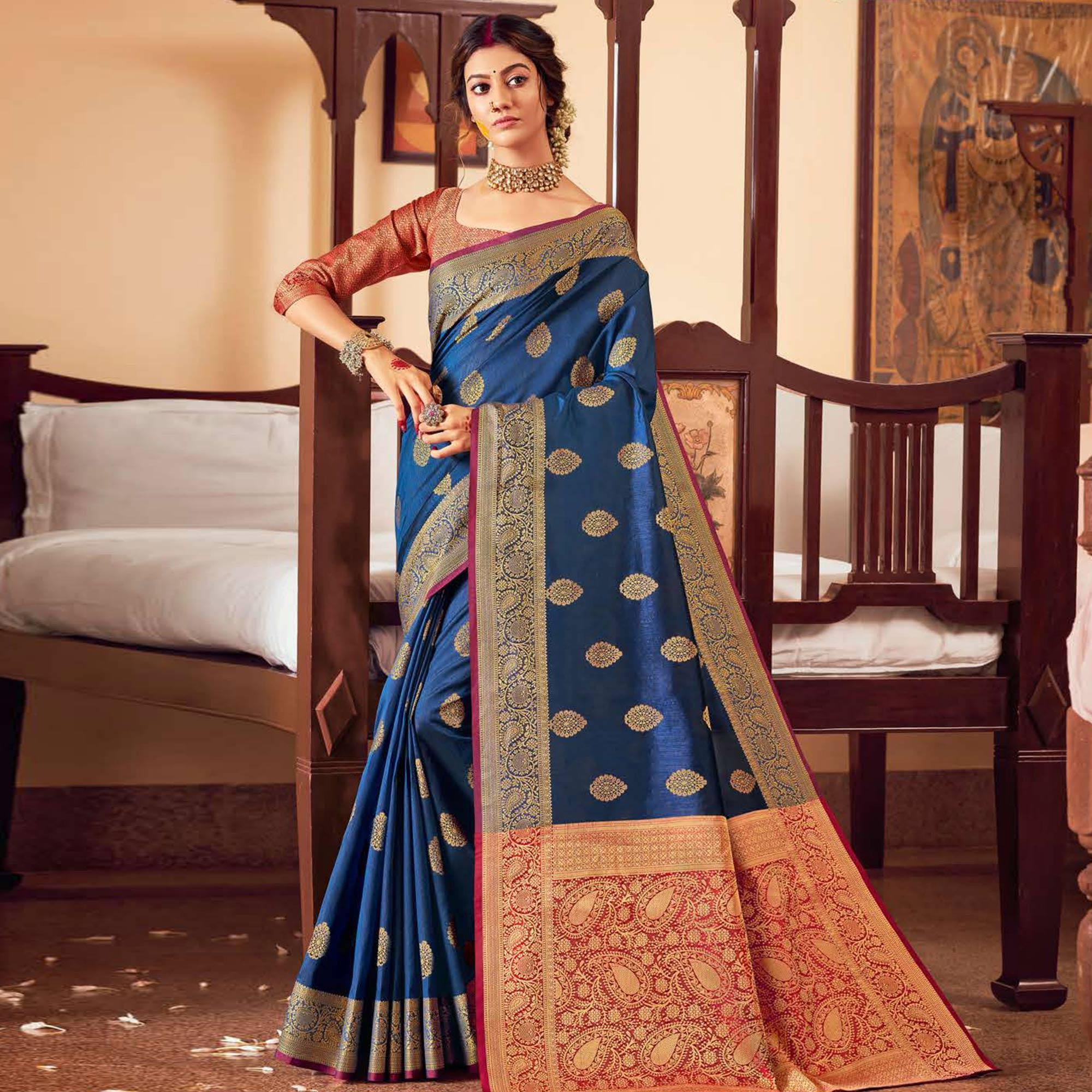 Graceful Blue Colored Festive Wear Woven Handloom Silk Saree - Peachmode