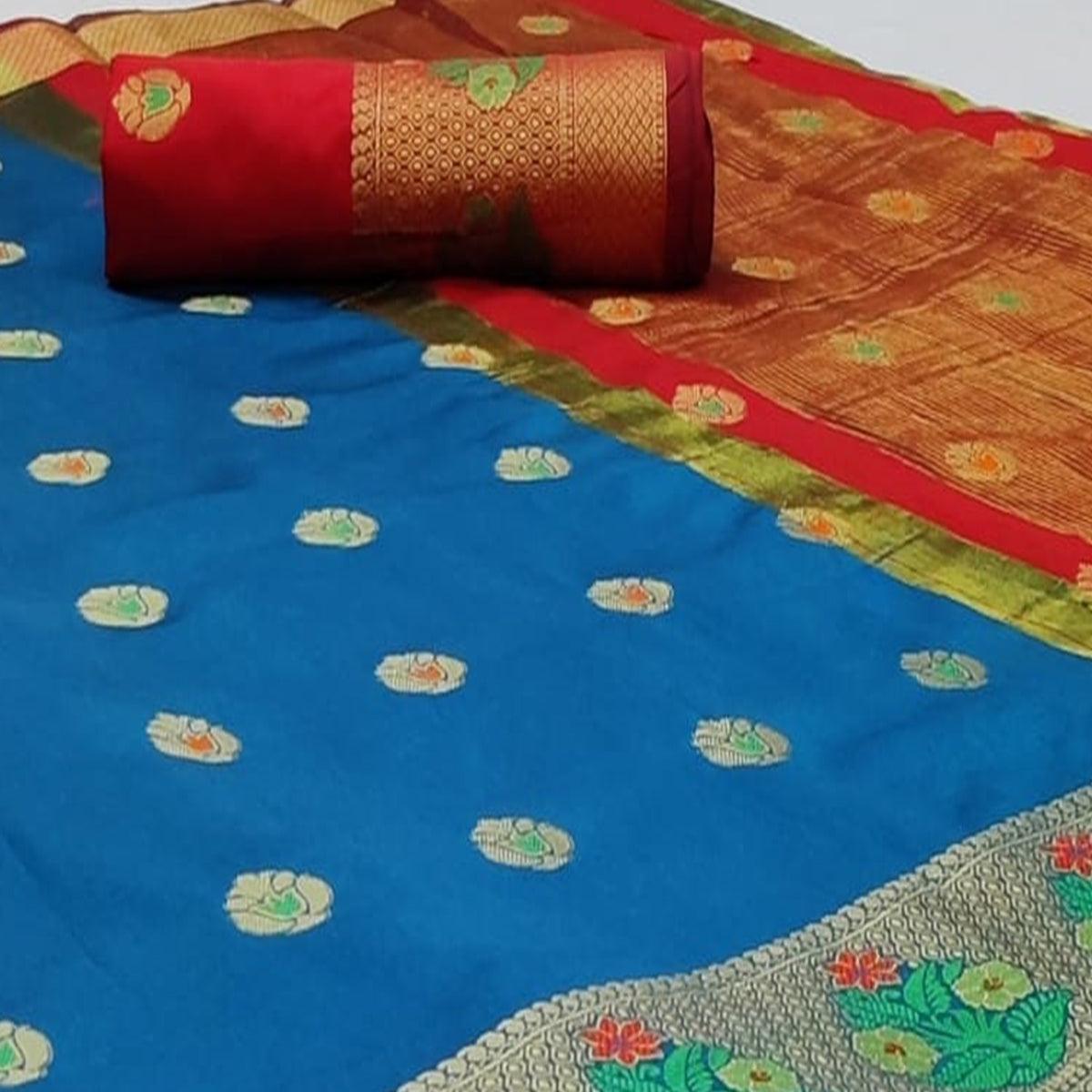 Graceful Blue Colored Festive Wear Woven Soft Silk Saree - Peachmode