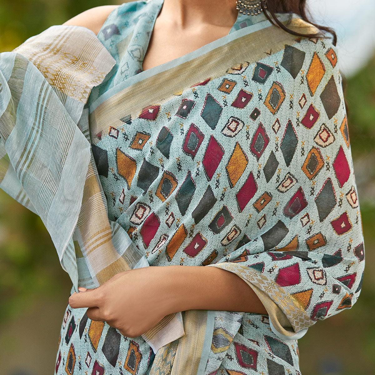 Graceful Blue Colored Party Wear Digital Printed Linen Saree - Peachmode