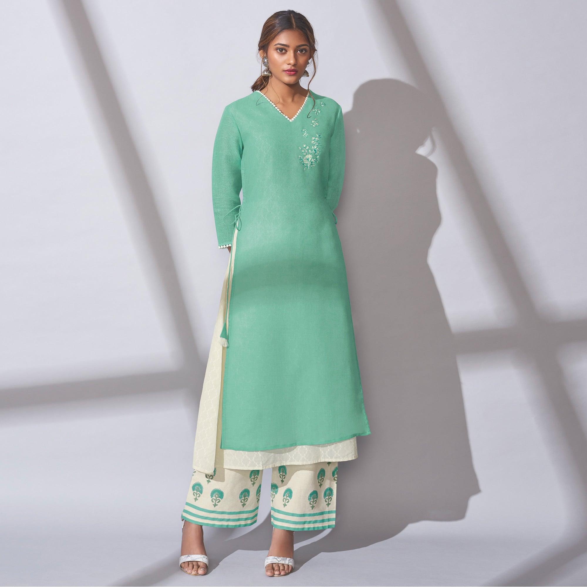 Graceful Blue Colored Party Wear Embroidered Khadi Cotton Kurti-Palazzo Set - Peachmode