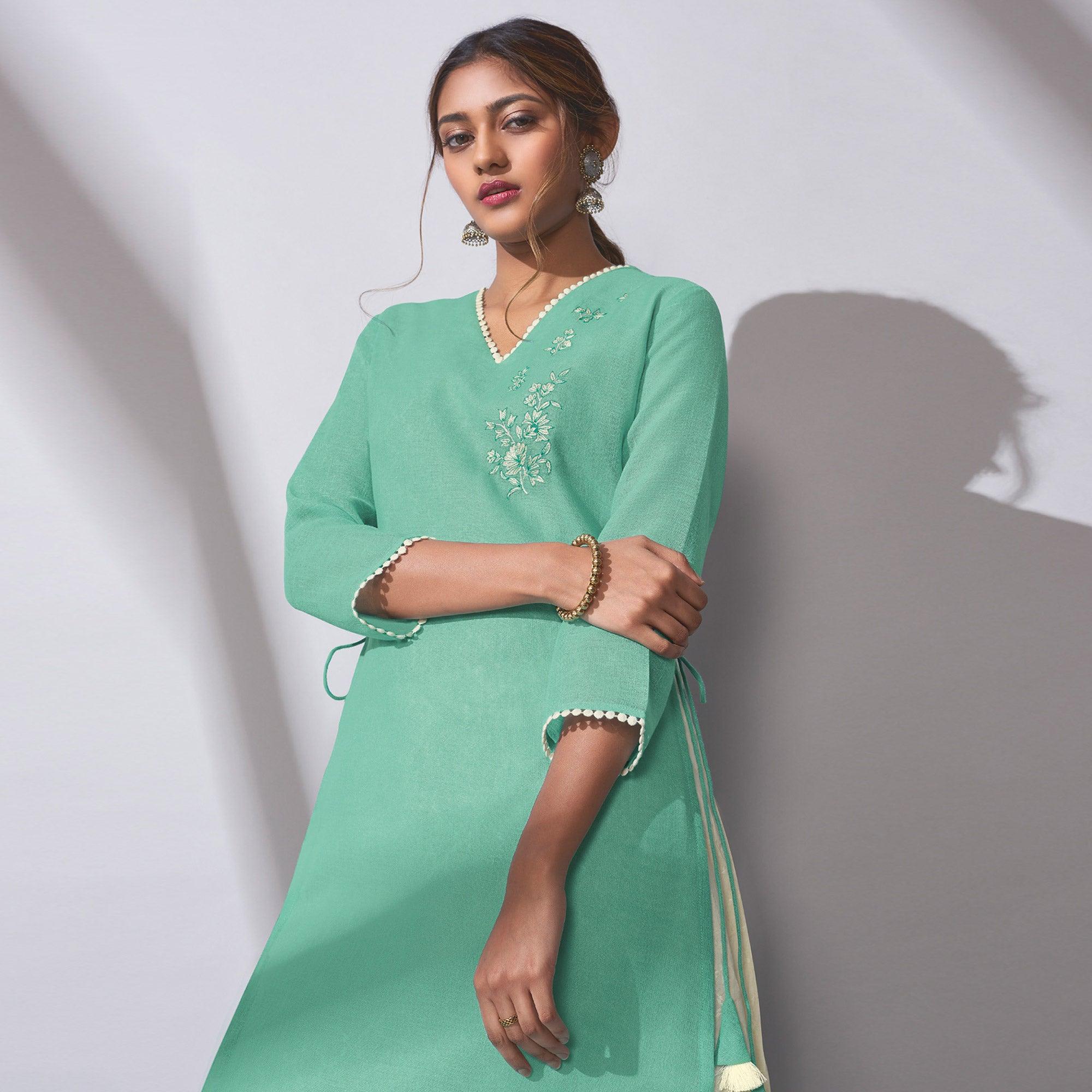 Graceful Blue Colored Party Wear Embroidered Khadi Cotton Kurti-Palazzo Set - Peachmode