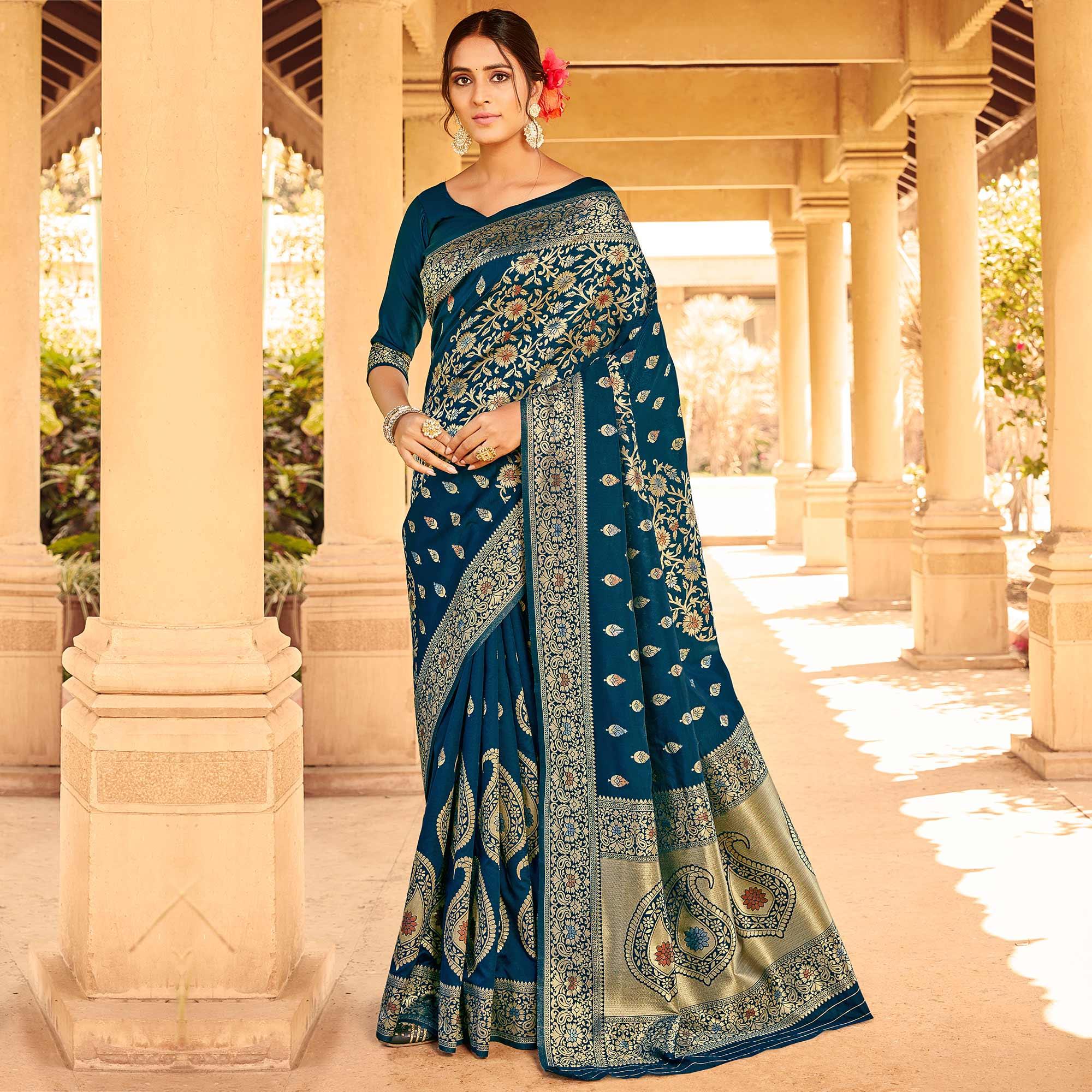 Graceful Blue Coloured Designer Partywear Weaving Silk Saree - Peachmode