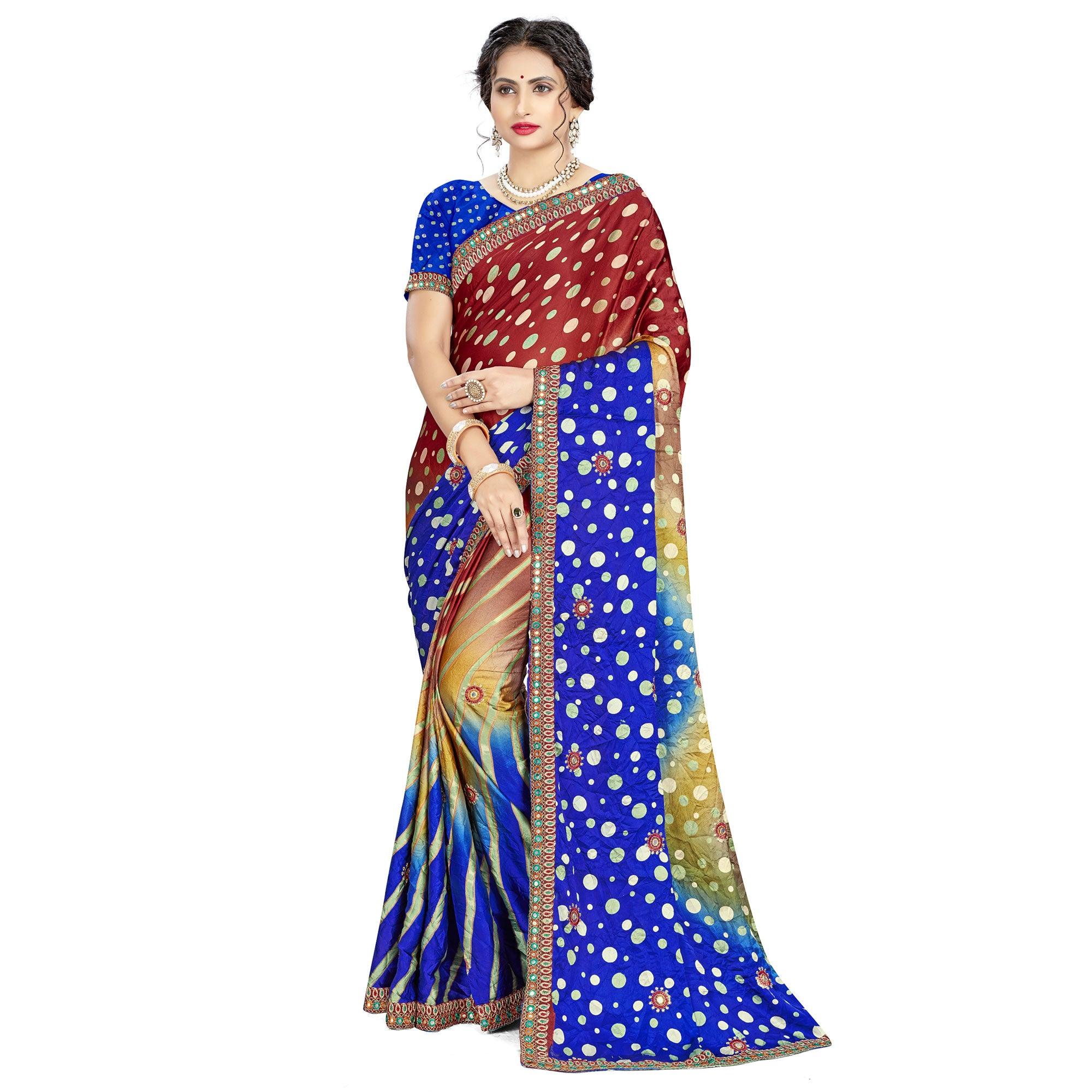 Graceful Brown - Blue Colored Casual Wear Printed Satin Saree - Peachmode