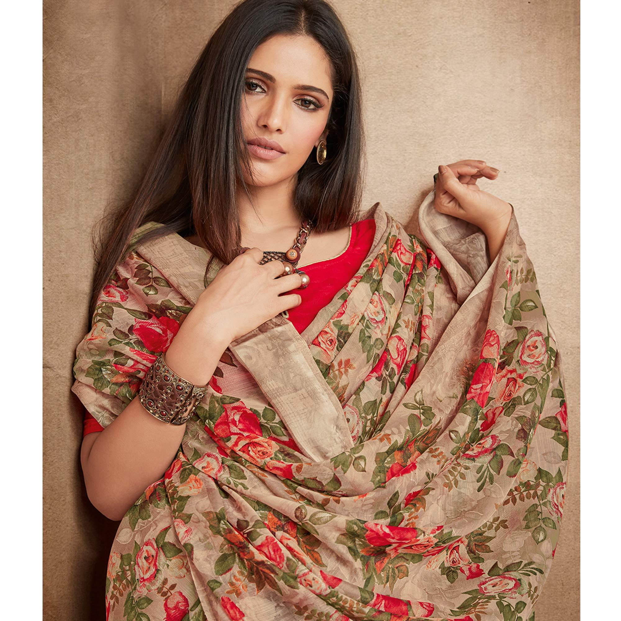 Graceful Brown Colored Casual Wear Printed Cotton Silk Saree - Peachmode