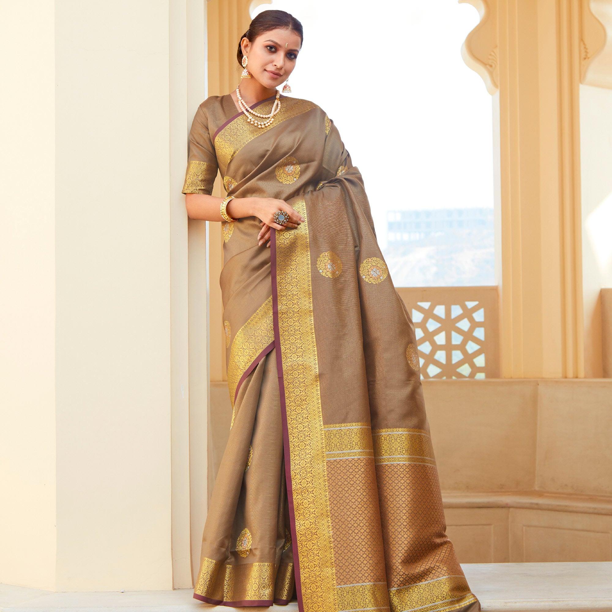 Graceful Brown Colored Festive Wear Woven Fancy Silk Saree - Peachmode