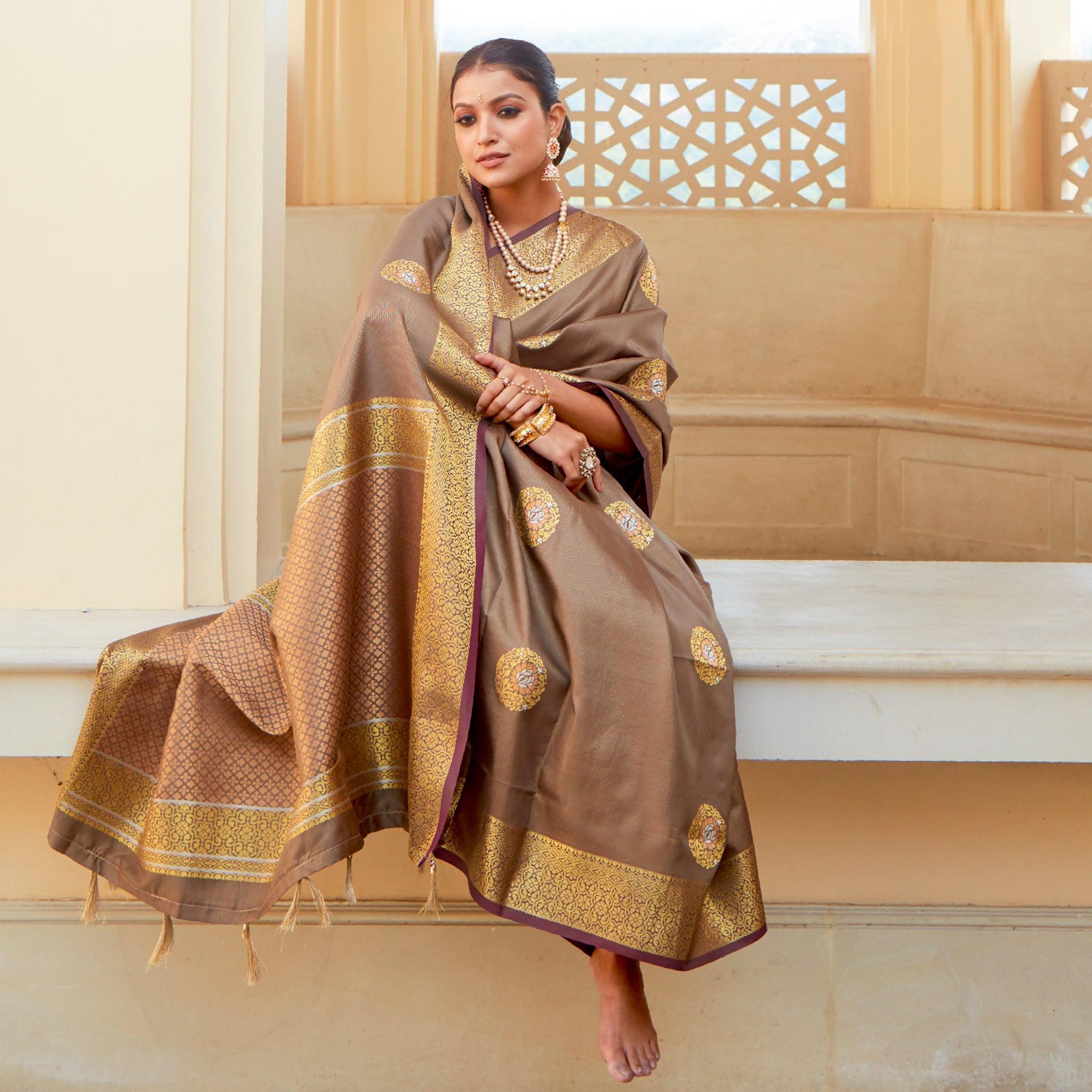 Graceful Brown Colored Festive Wear Woven Fancy Silk Saree - Peachmode