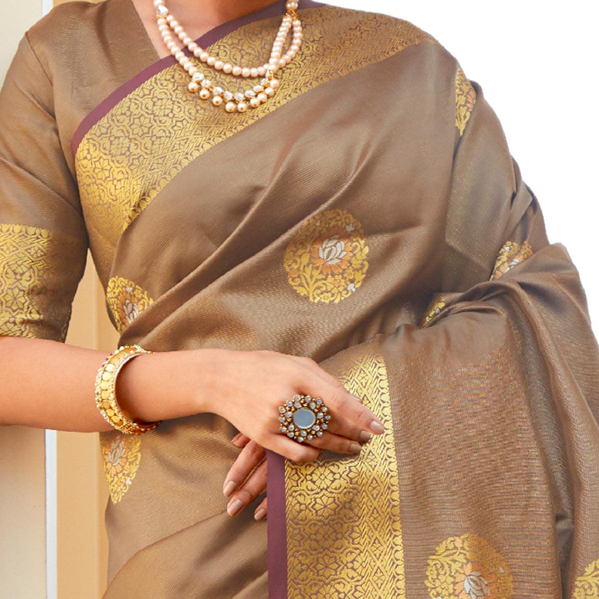 Graceful Brown Colored Festive Wear Woven Fancy Silk Saree - Peachmode