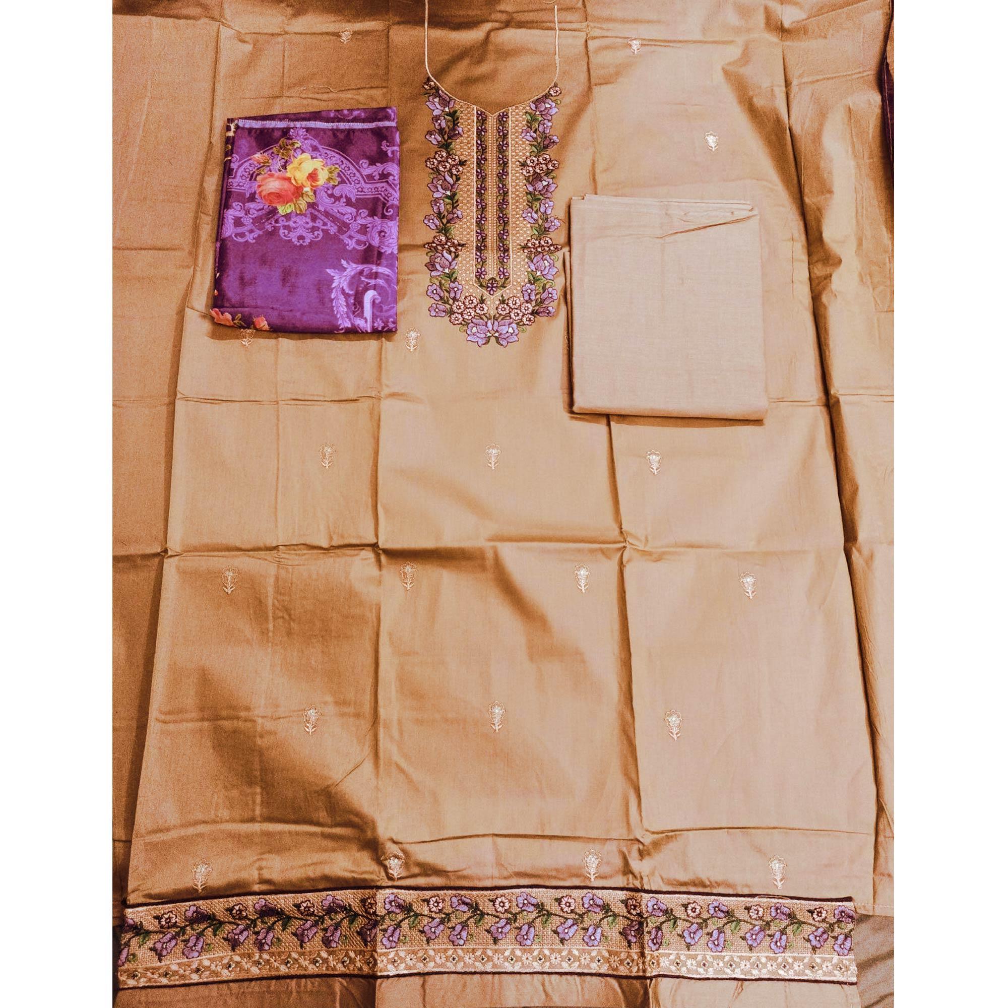 Graceful Brown Colored Partywear Designer Embroidery Cotton Salwar Suit - Peachmode