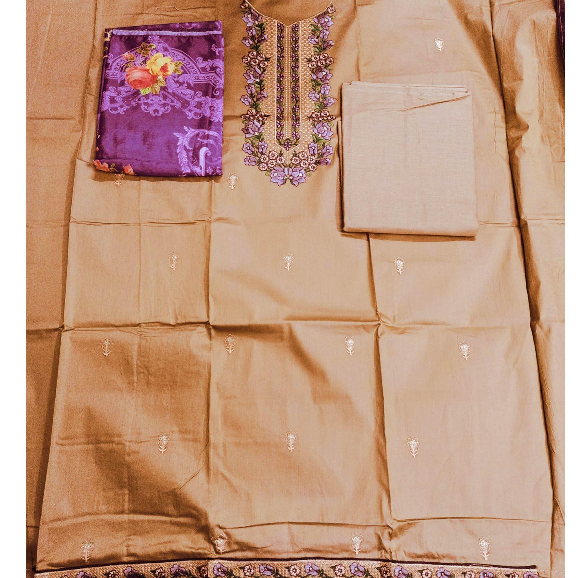 Graceful Brown Colored Partywear Designer Embroidery Cotton Salwar Suit - Peachmode