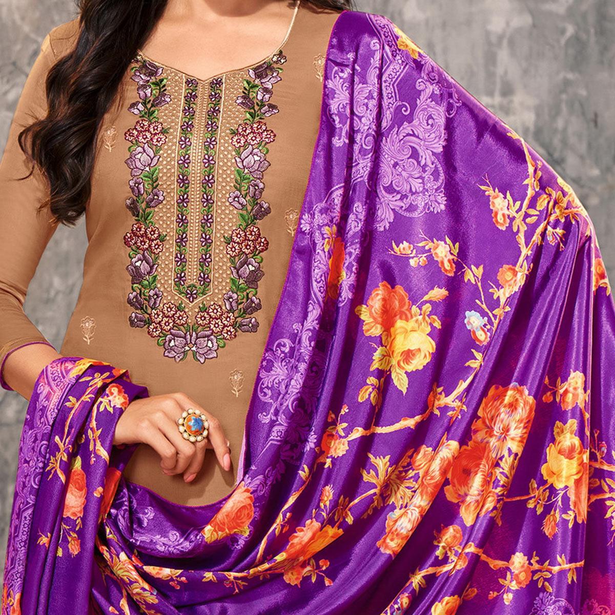 Graceful Brown Colored Partywear Designer Embroidery Cotton Salwar Suit - Peachmode