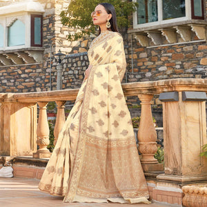 Graceful Cream Colored Festive Wear Woven Cotton Silk Saree - Peachmode