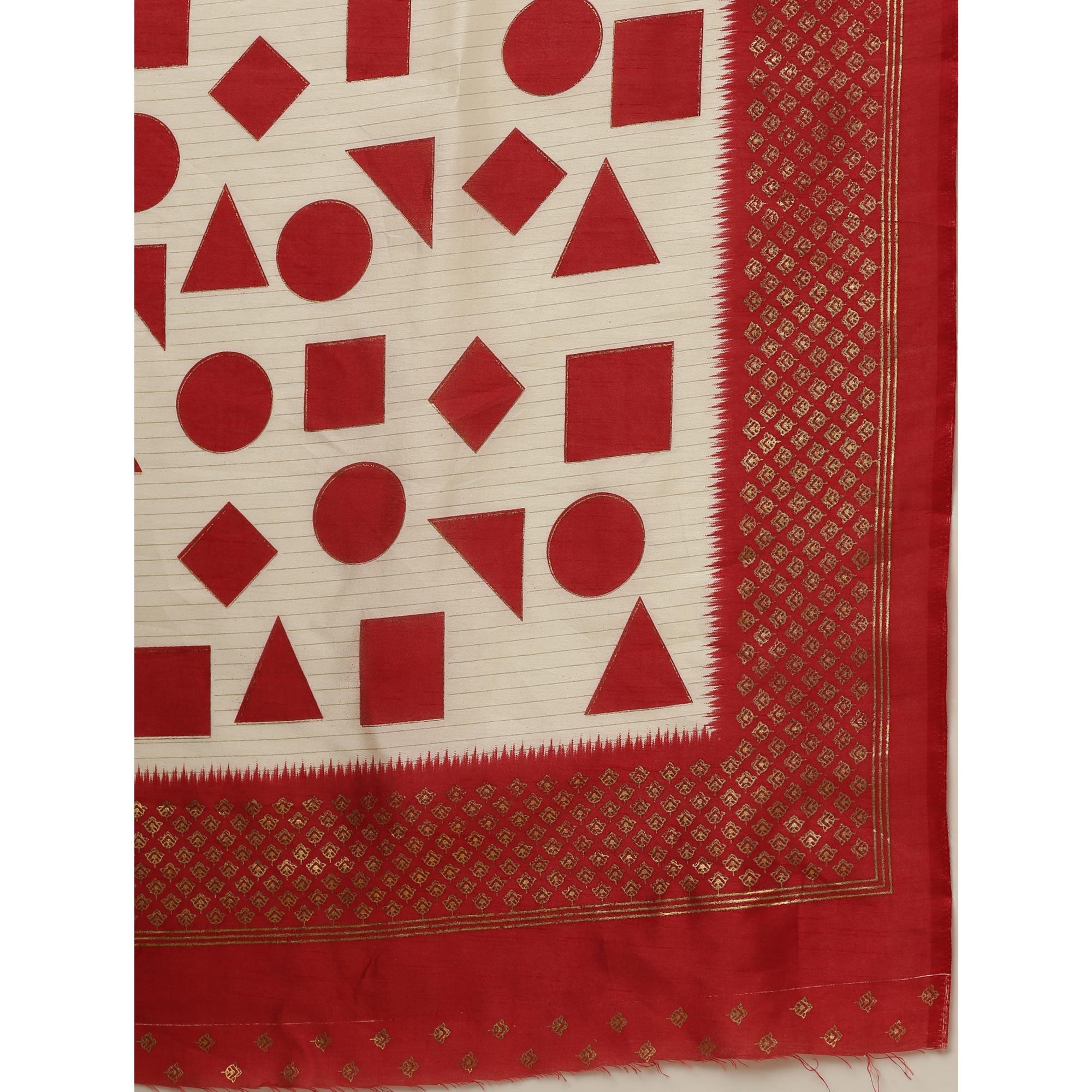 Graceful Cream-Red Colored Festive Wear Geomatric Foli Print Patola Silk Saree - Peachmode