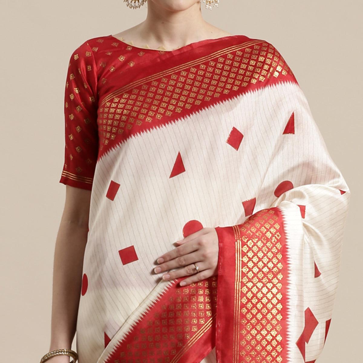 Graceful Cream-Red Colored Festive Wear Geomatric Foli Print Patola Silk Saree - Peachmode