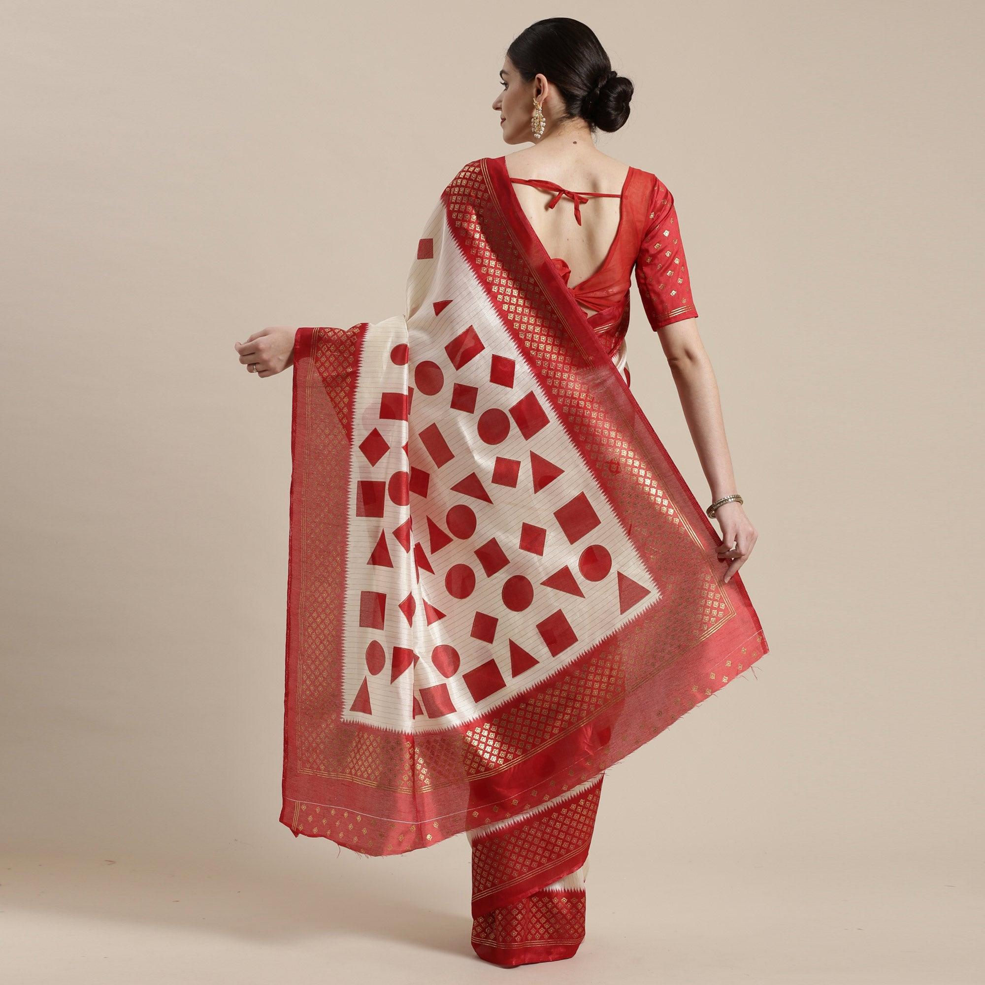 Graceful Cream-Red Colored Festive Wear Geomatric Foli Print Patola Silk Saree - Peachmode