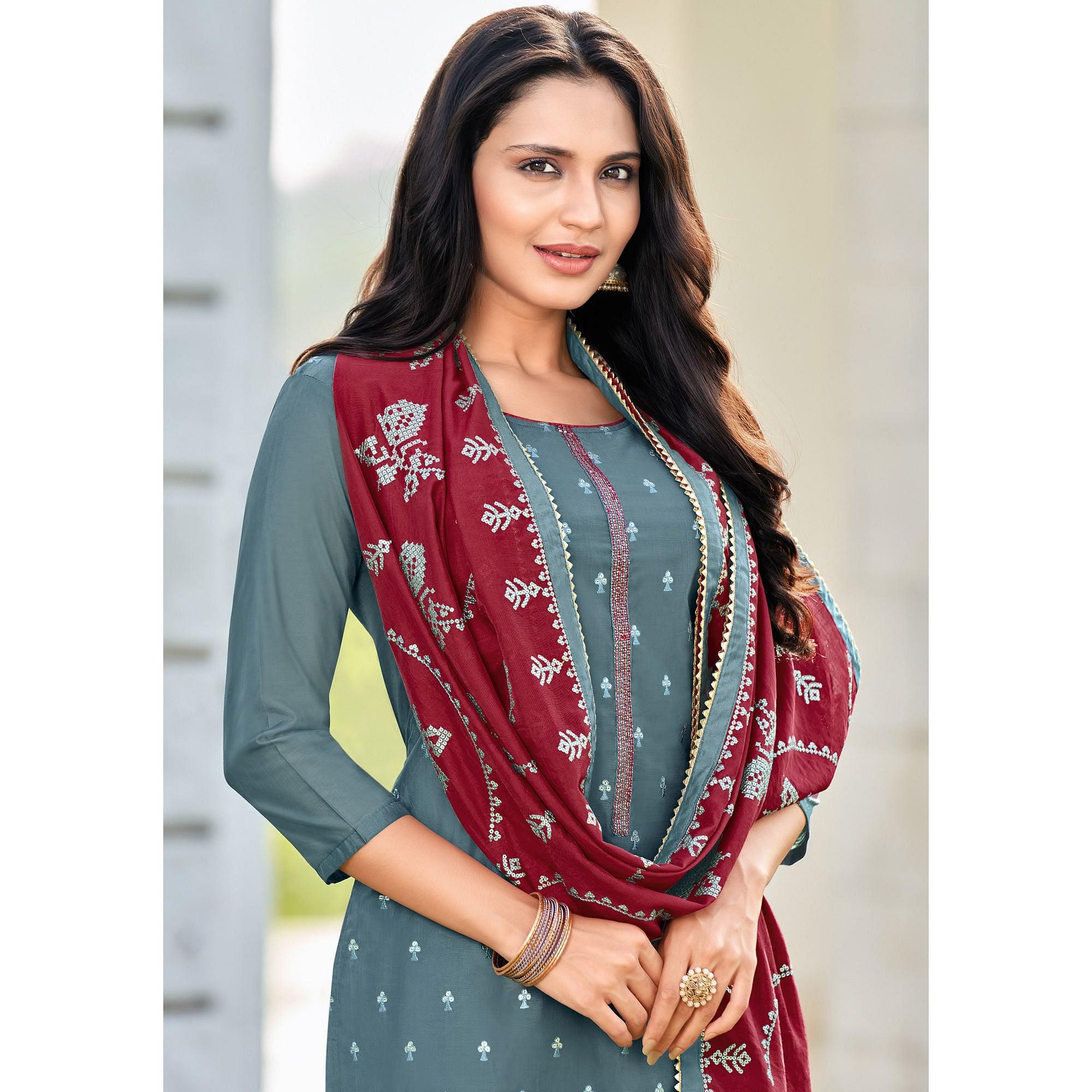 Graceful Dark Grey Colored Festive Wear Embroidered Art Silk Dress Material - Peachmode