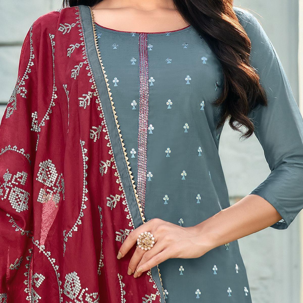 Graceful Dark Grey Colored Festive Wear Embroidered Art Silk Dress Material - Peachmode