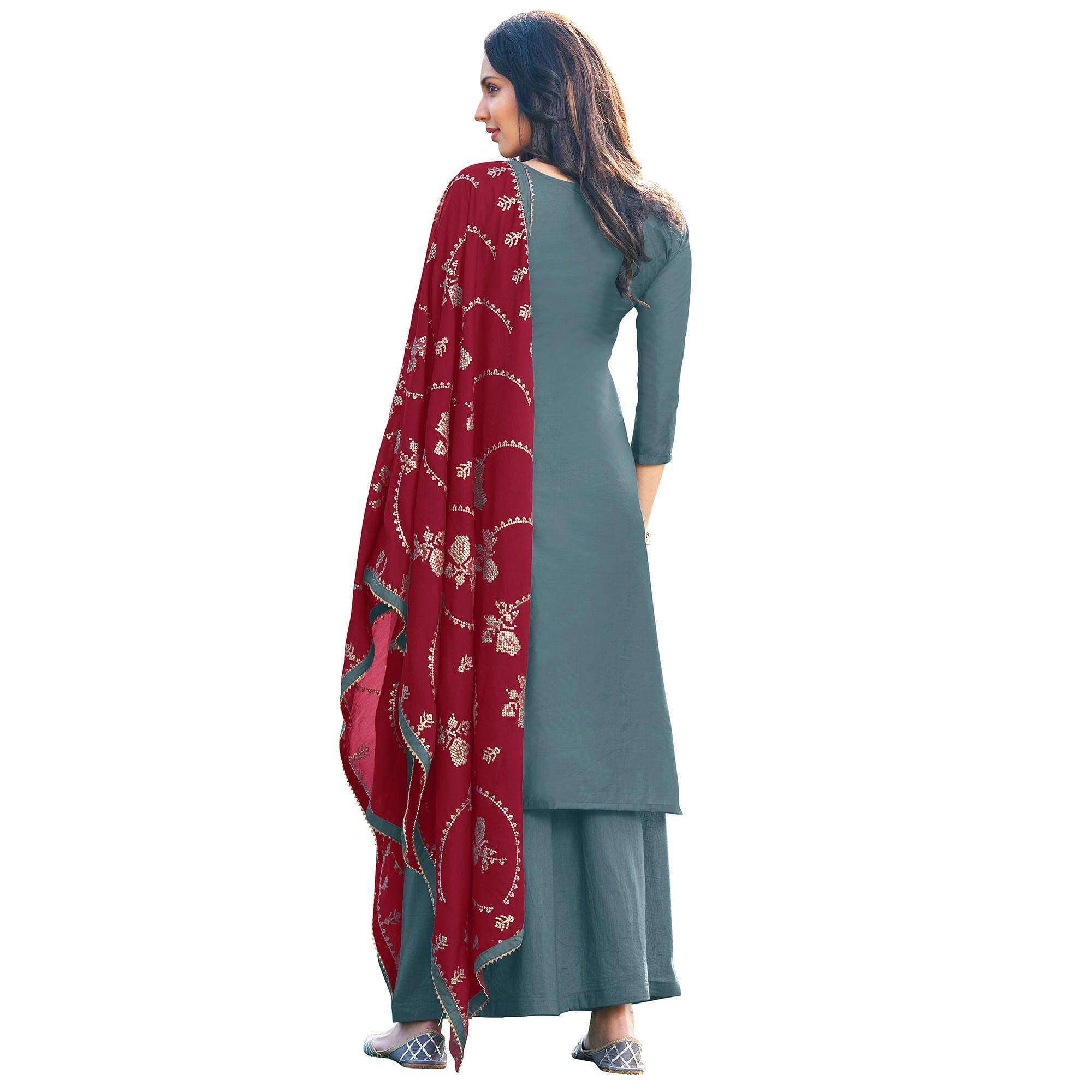 Graceful Dark Grey Colored Festive Wear Embroidered Art Silk Dress Material - Peachmode