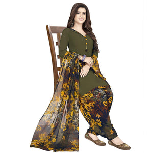 Graceful Dark Olive Green Colored Casual Wear Printed Crepe Patiala Dress Material - Peachmode