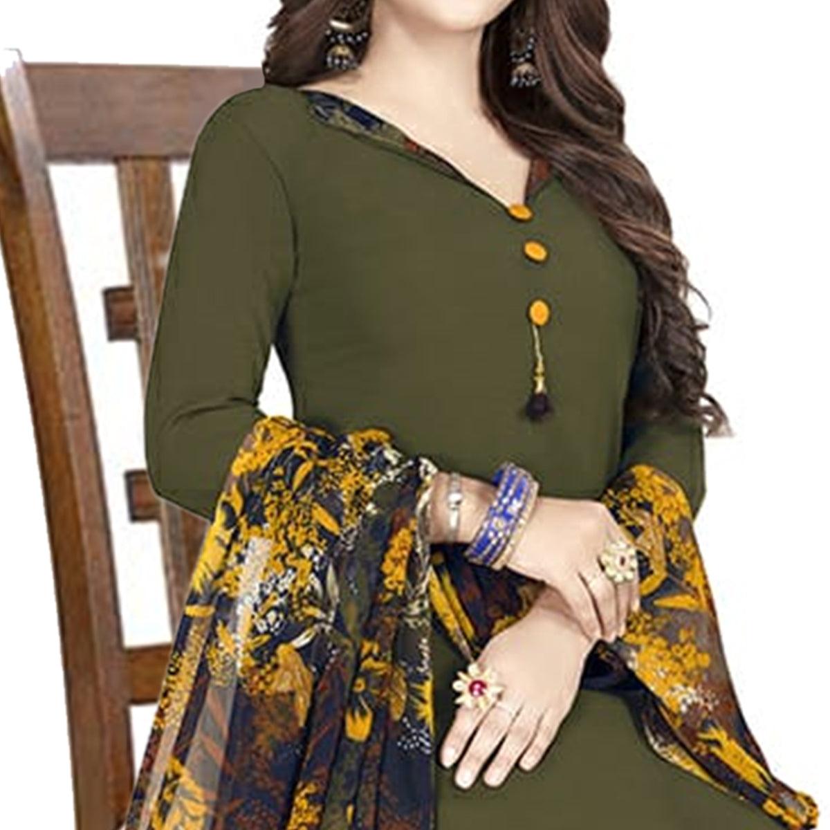 Graceful Dark Olive Green Colored Casual Wear Printed Crepe Patiala Dress Material - Peachmode