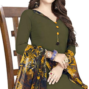 Graceful Dark Olive Green Colored Casual Wear Printed Crepe Patiala Dress Material - Peachmode