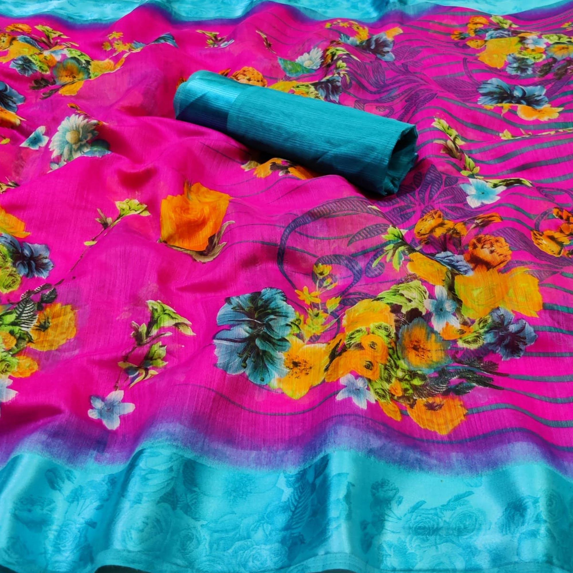 Graceful Dark Pink Colored Casual Wear Fancy Printed Linen Saree - Peachmode