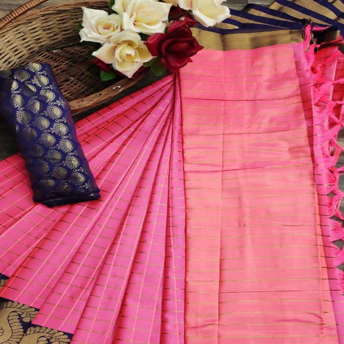 Graceful Gajari Pink Colored Festive Wear Woven Soft Cotton Silk Saree - Peachmode