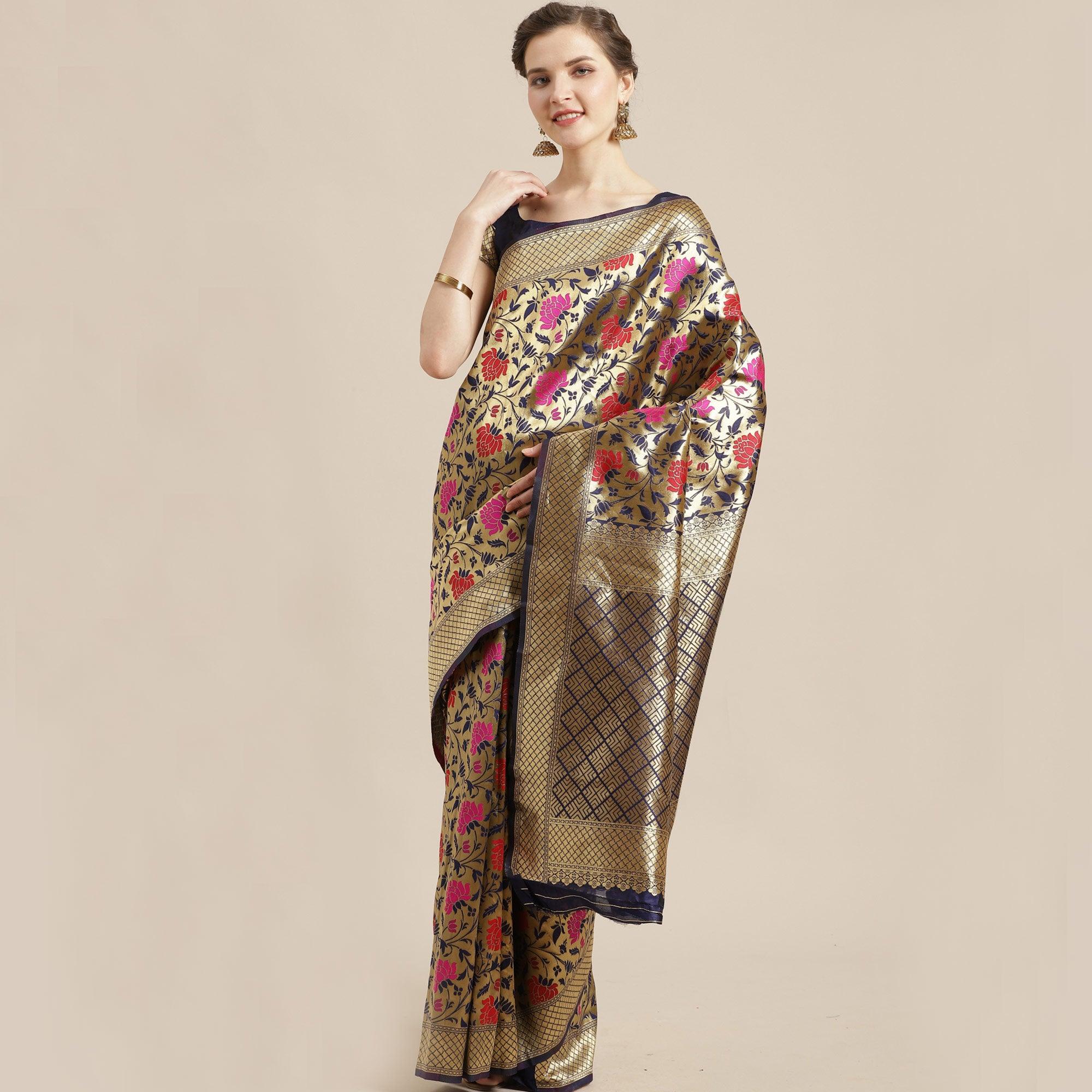 Graceful Gold-Blue Colored Festive Wear Woven Silk Blend Saree - Peachmode