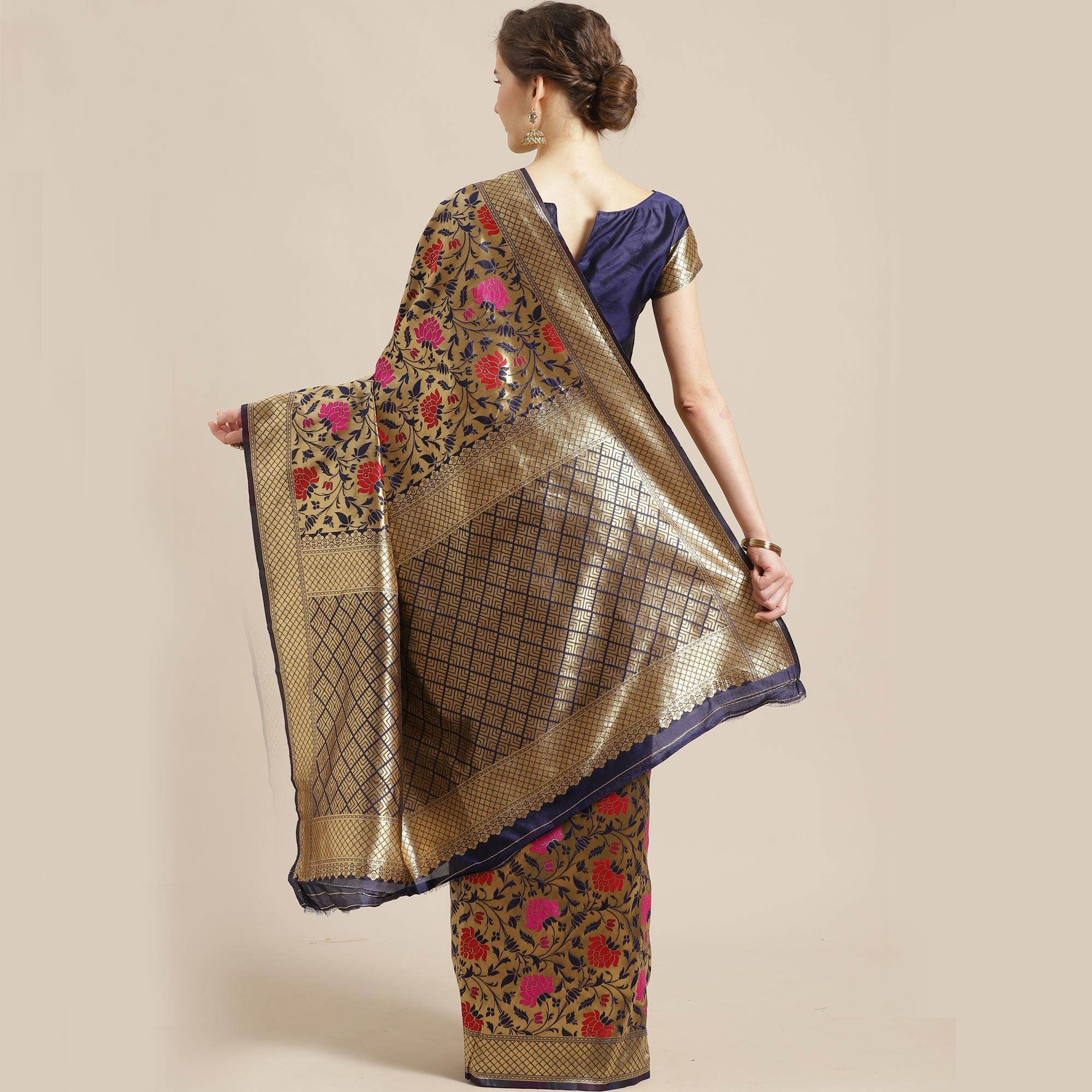 Graceful Gold-Blue Colored Festive Wear Woven Silk Blend Saree - Peachmode