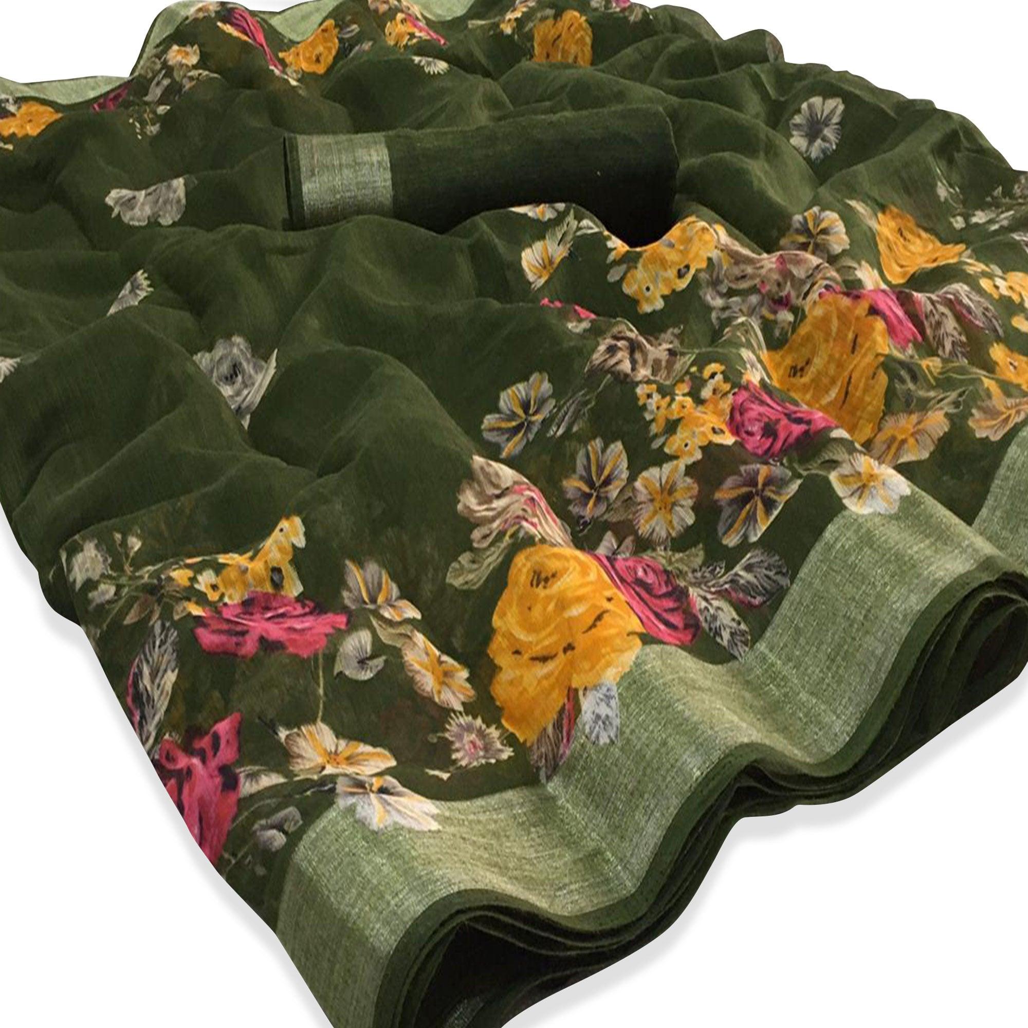 Graceful Green Colored Casual Floral Printed Linen Saree - Peachmode