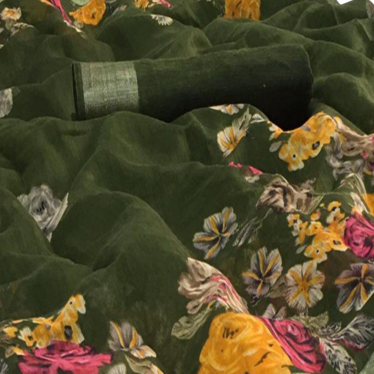 Graceful Green Colored Casual Floral Printed Linen Saree - Peachmode