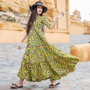 Graceful Green Colored Casual Wear Digital Floral Printed Cotton Gown With Matching Mask - Peachmode