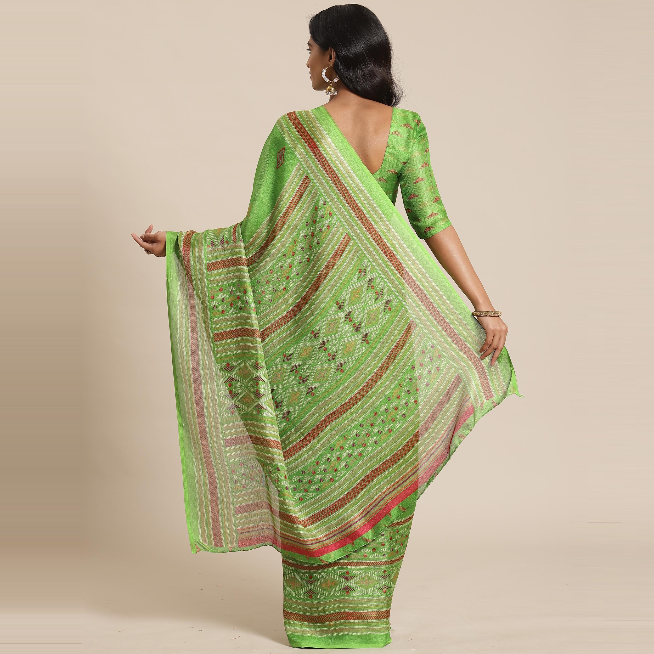 Graceful Green Colored Casual Wear Printed Jute Silk Saree - Peachmode