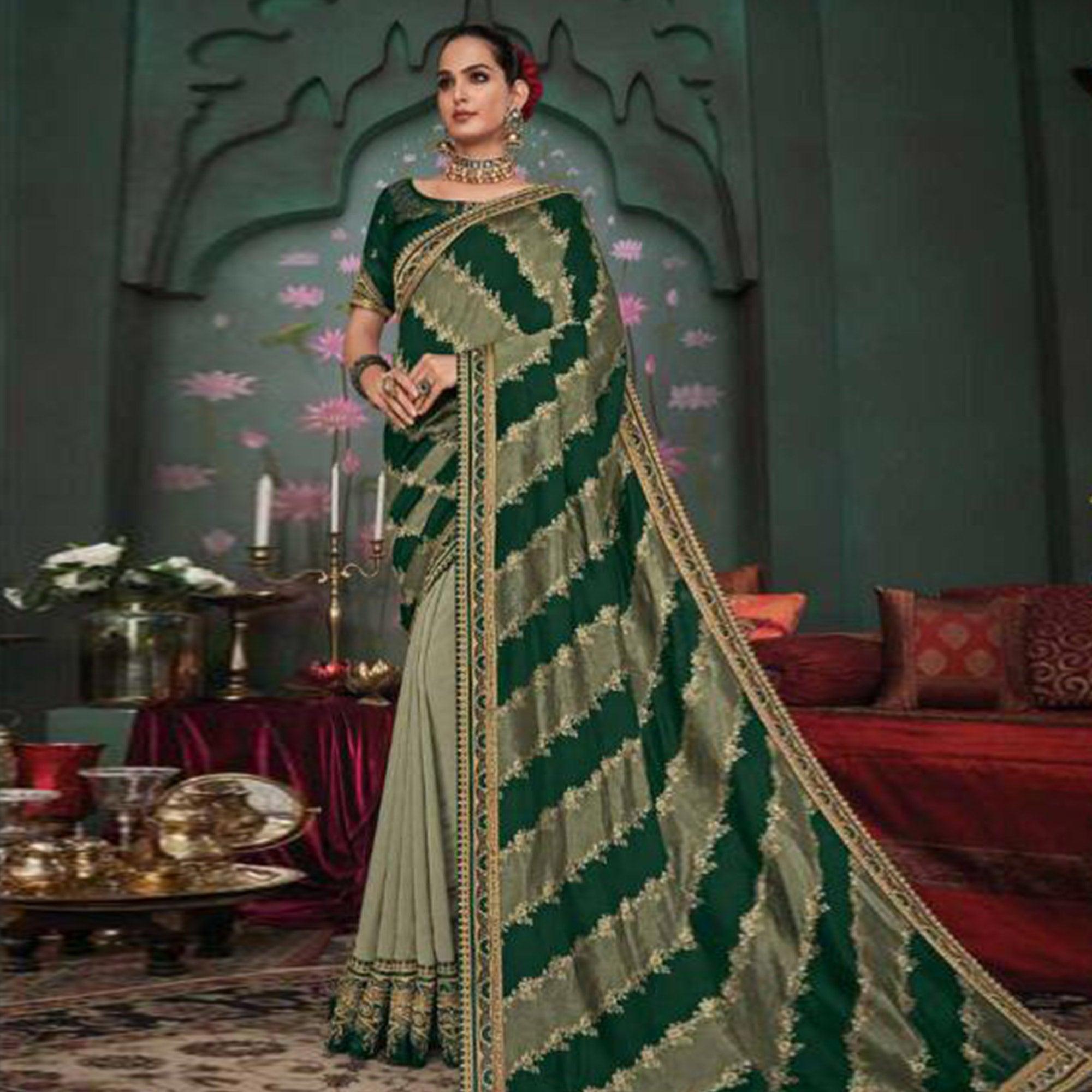 Graceful Green Colored Festive Wear Embroidered Heavy Border Silk Saree - Peachmode