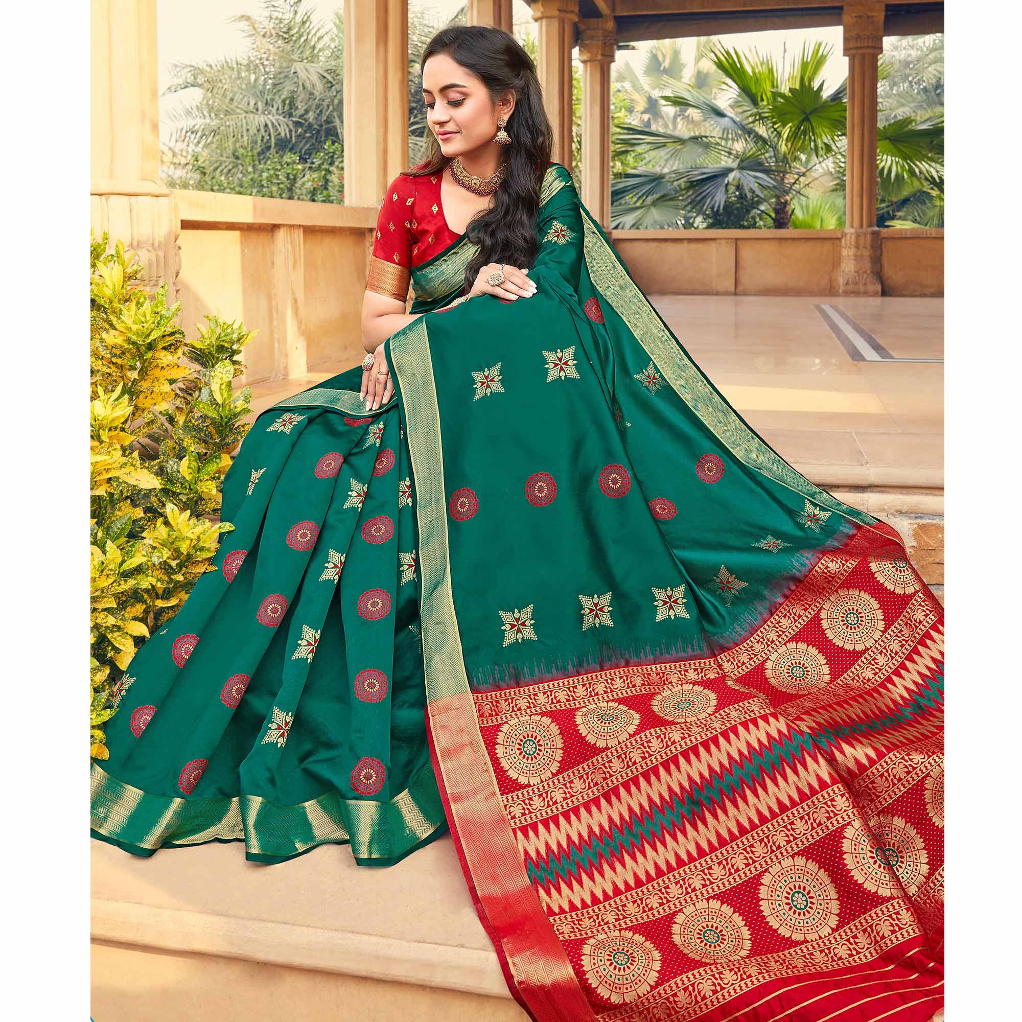 Graceful Green Colored Festive Wear Woven Silk Saree - Peachmode