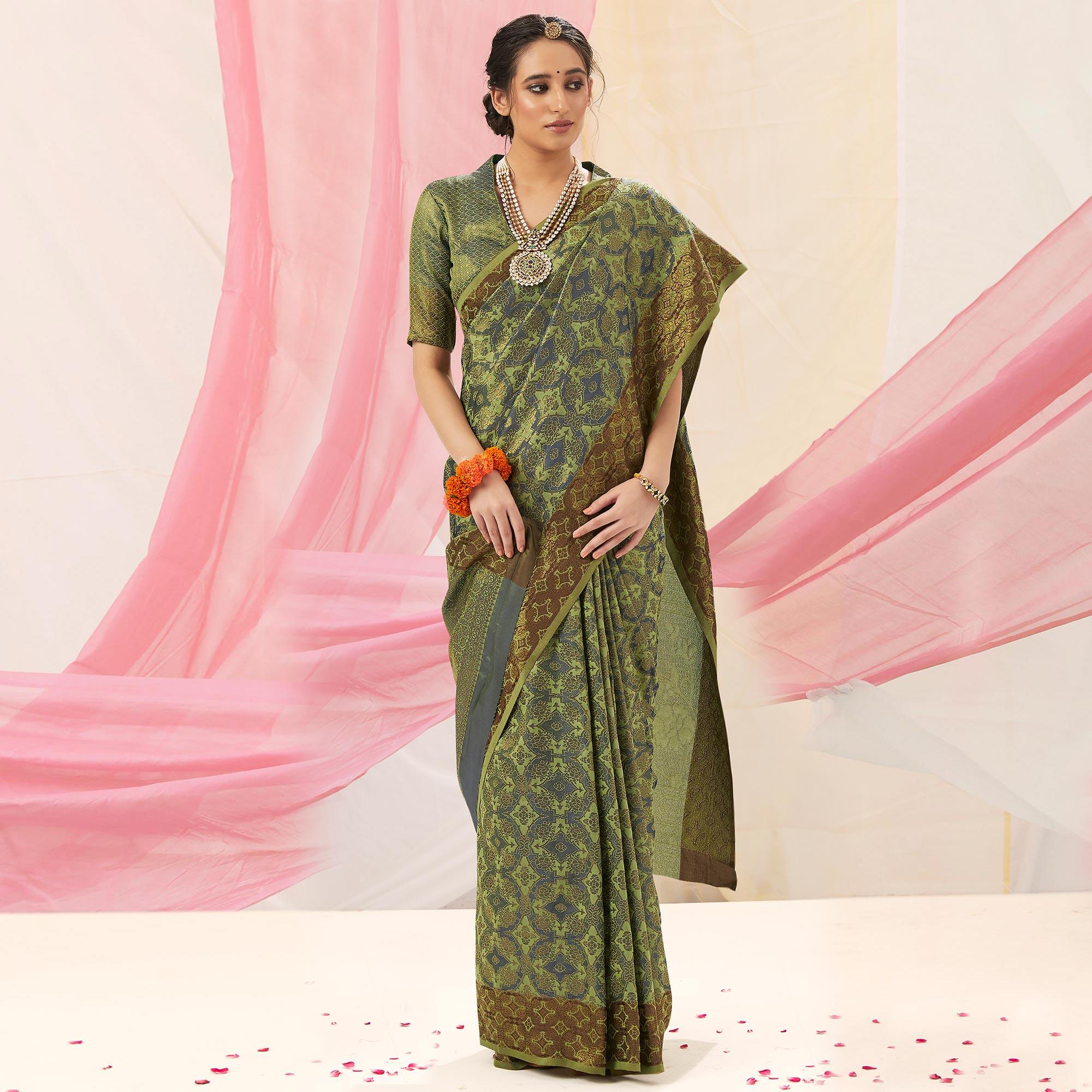 Graceful Green Colored Festive Wear Woven Soft Silk Saree - Peachmode