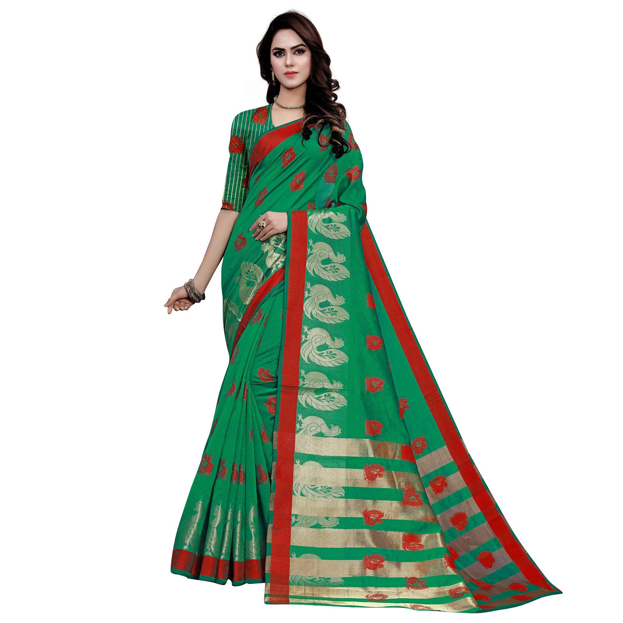 Graceful Green Colored Festive Wear Woven Work Art Silk Saree - Peachmode