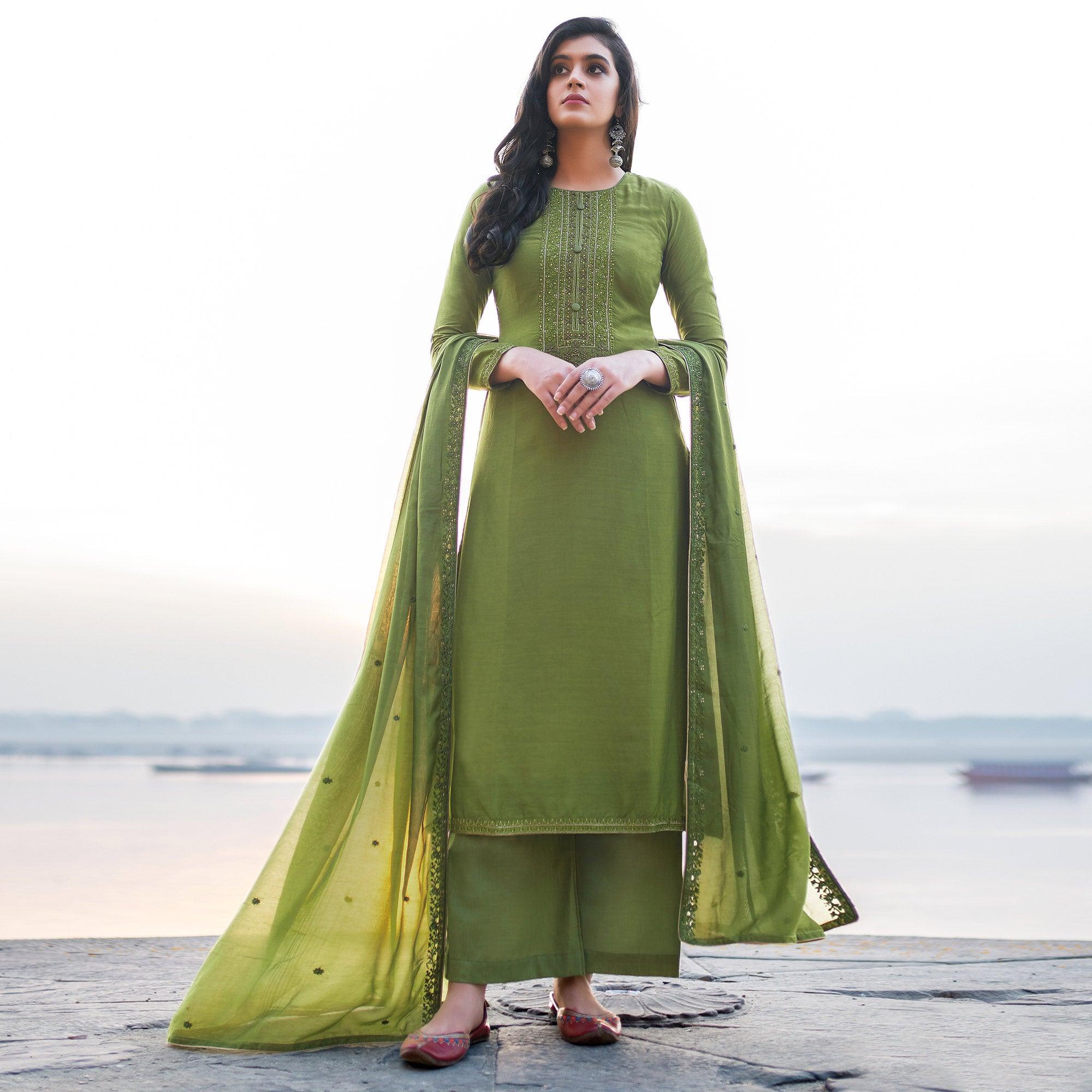 Graceful Green Coloured Handwork Partywear Cotton Silk Palazzo Suit - Peachmode