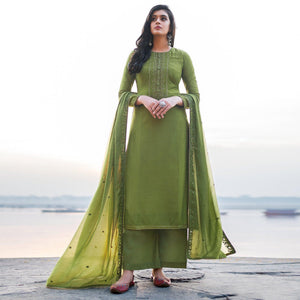 Graceful Green Coloured Handwork Partywear Cotton Silk Palazzo Suit - Peachmode