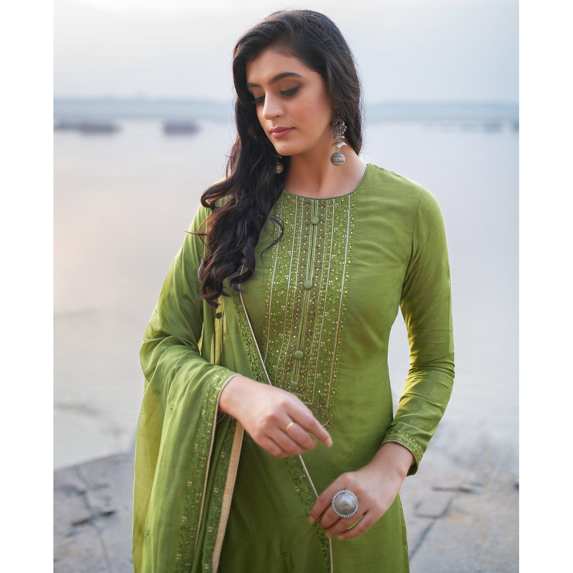 Graceful Green Coloured Handwork Partywear Cotton Silk Palazzo Suit - Peachmode