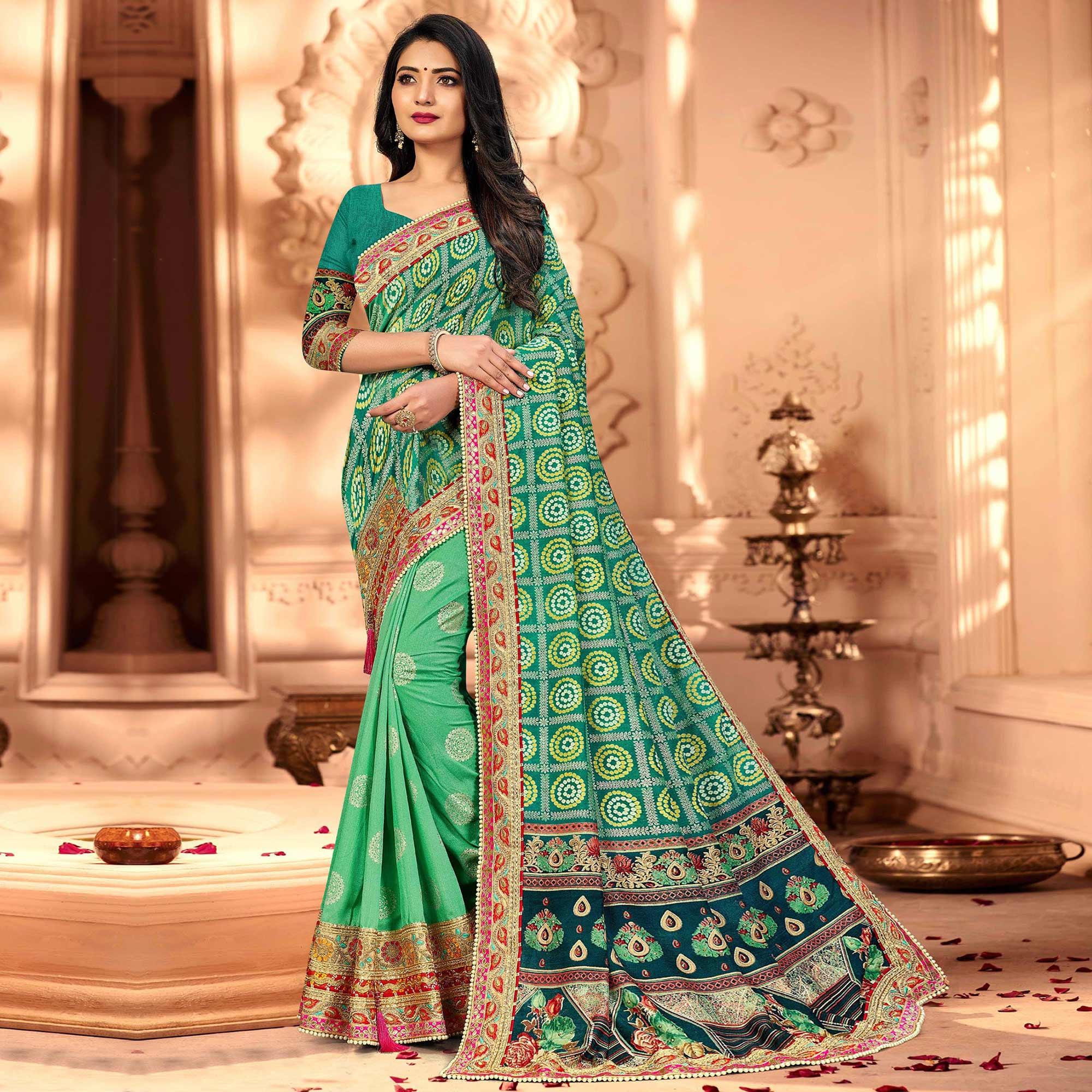 Graceful Green Coloured Partywear Diamond Work Half & Half Art Silk Saree - Peachmode