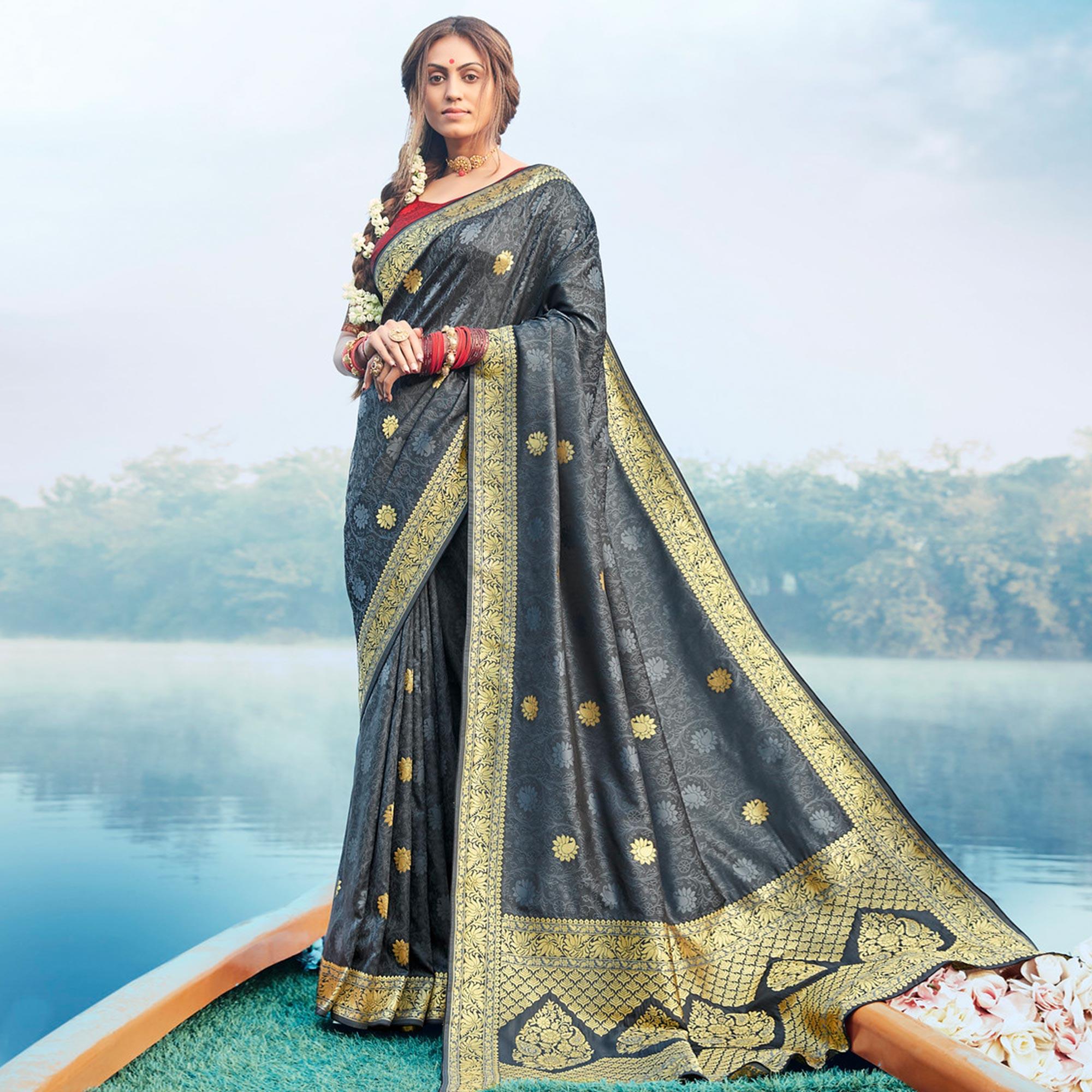 Graceful Grery Colored Festive Wear Woven Banarasi Silk Saree - Peachmode