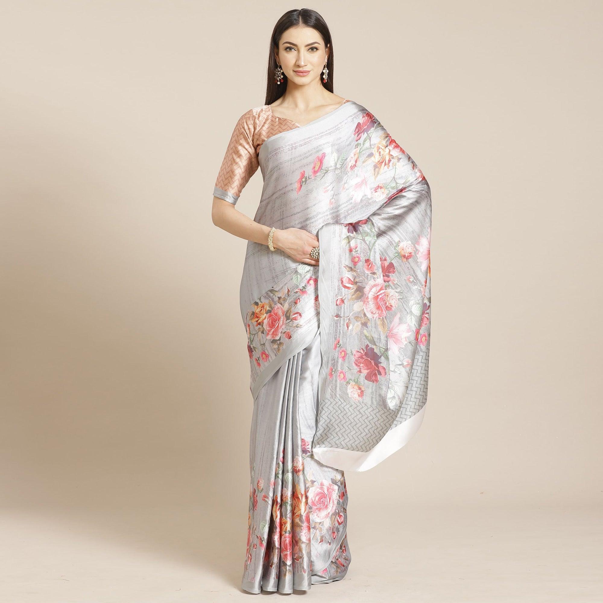Graceful Grey Colored Casual Wear Printed Satin Crepe Saree - Peachmode